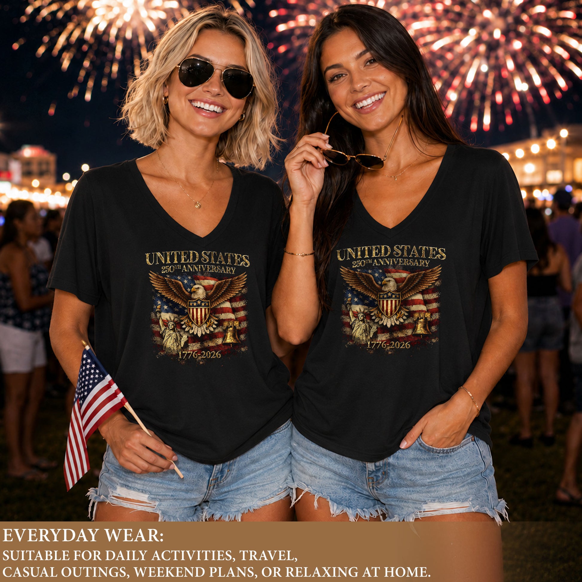 Women's V-Neck Graphic T-Shirt Eagle Statue of Liberty 1776-2026 Patriotic Apparel - Rust Field Wear
