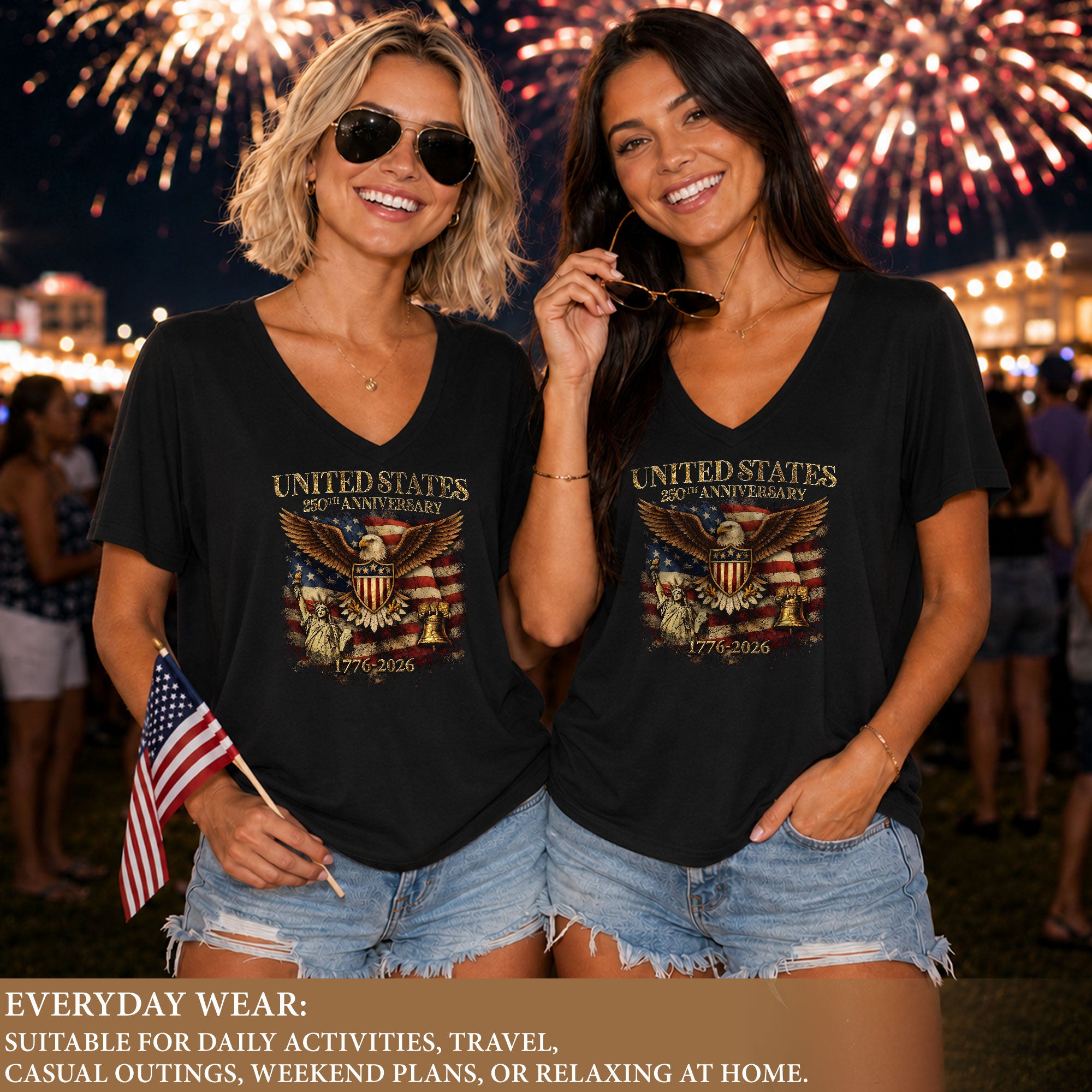 Women's V-Neck Graphic T-Shirt Eagle Statue of Liberty 1776-2026 Patriotic Apparel - Rust Field Wear