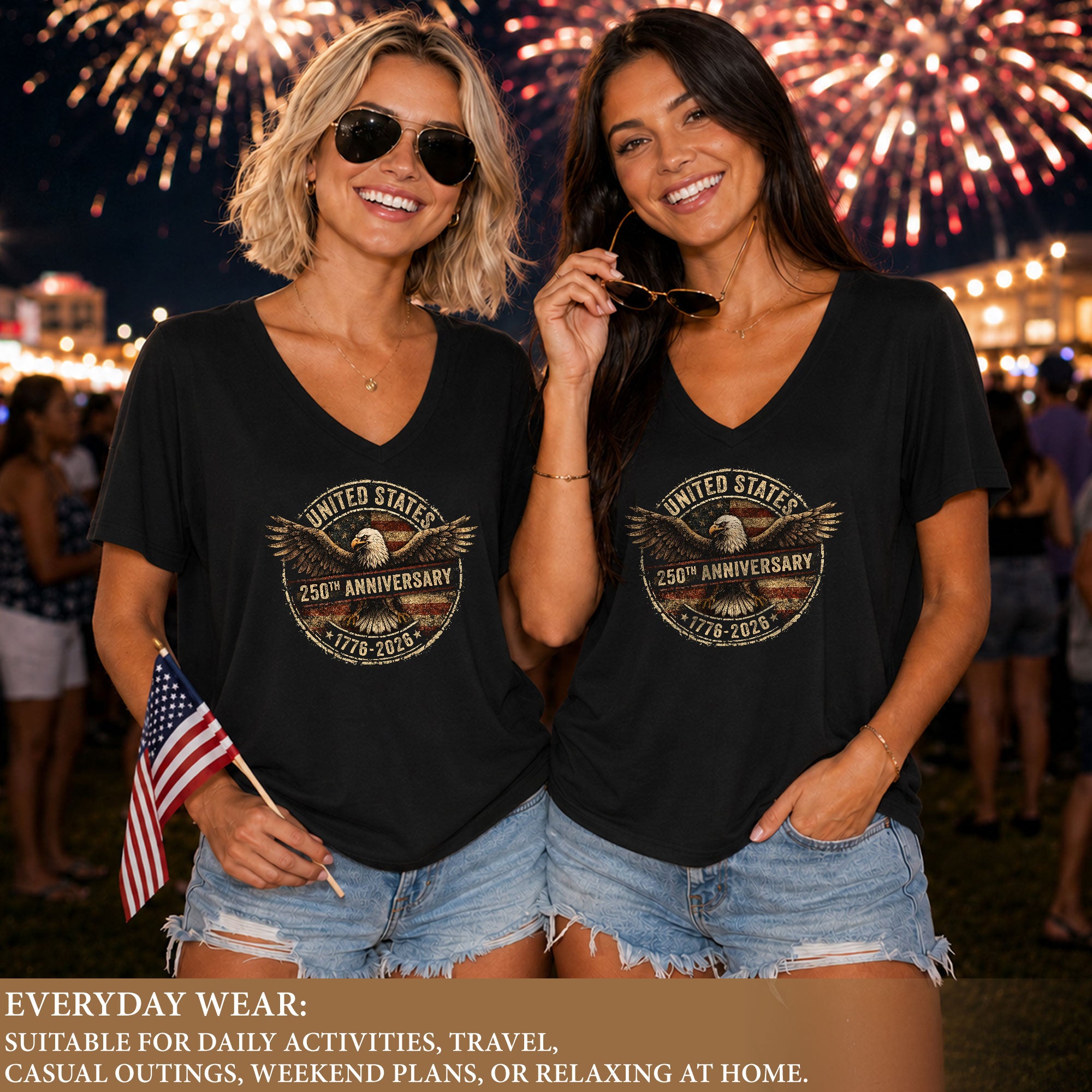 Women's V-Neck Patriotic Graphic Tee United States Eagle 1776-2026 Historical Shirt - Rust Field Wear