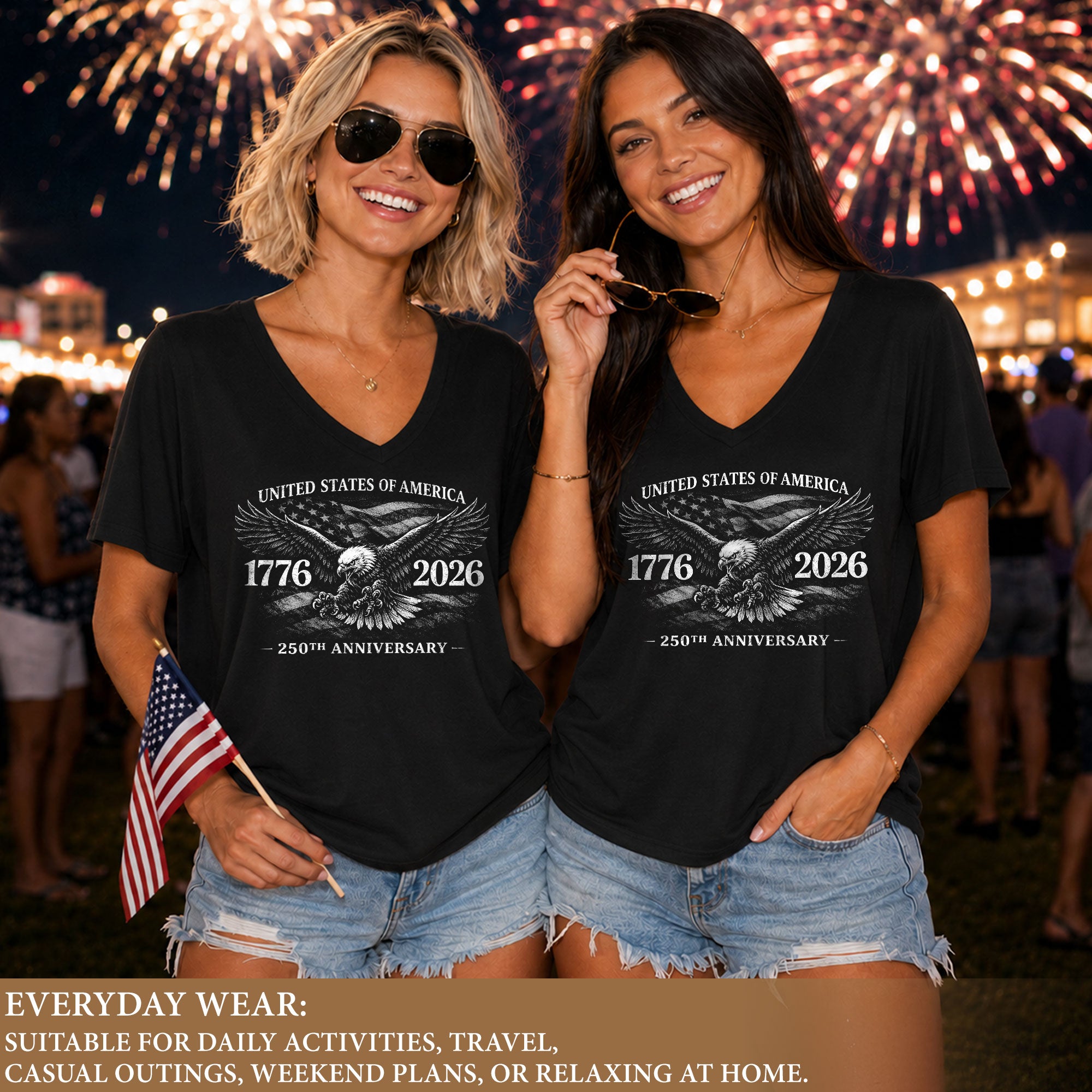 Patriotic V-Neck T-Shirt Women Eagle 1776-2026 Graphic United States History Casual Tee