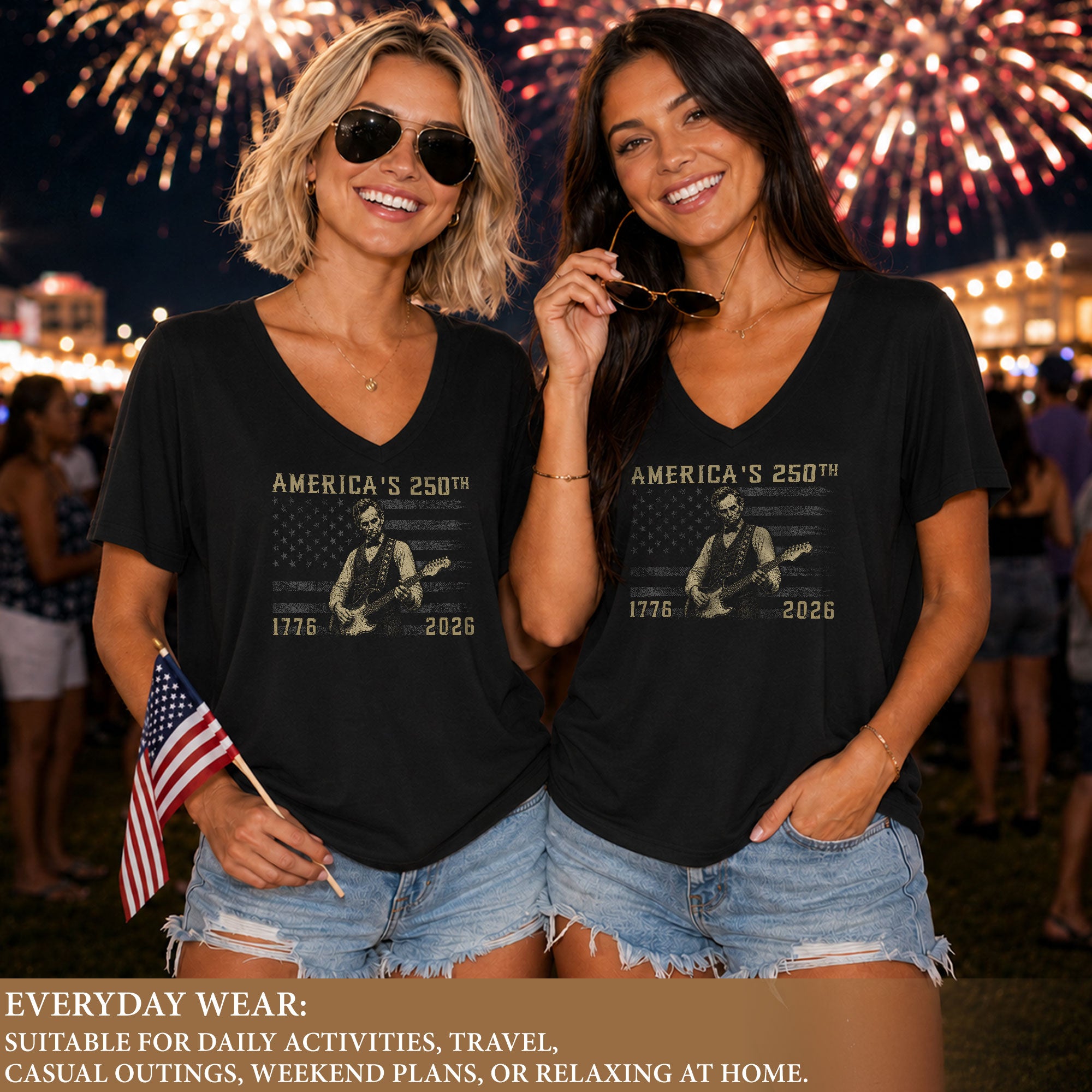 Lincoln Guitar V Neck T-Shirt Patriotic 1776-2026 America 250th Tee Graphic