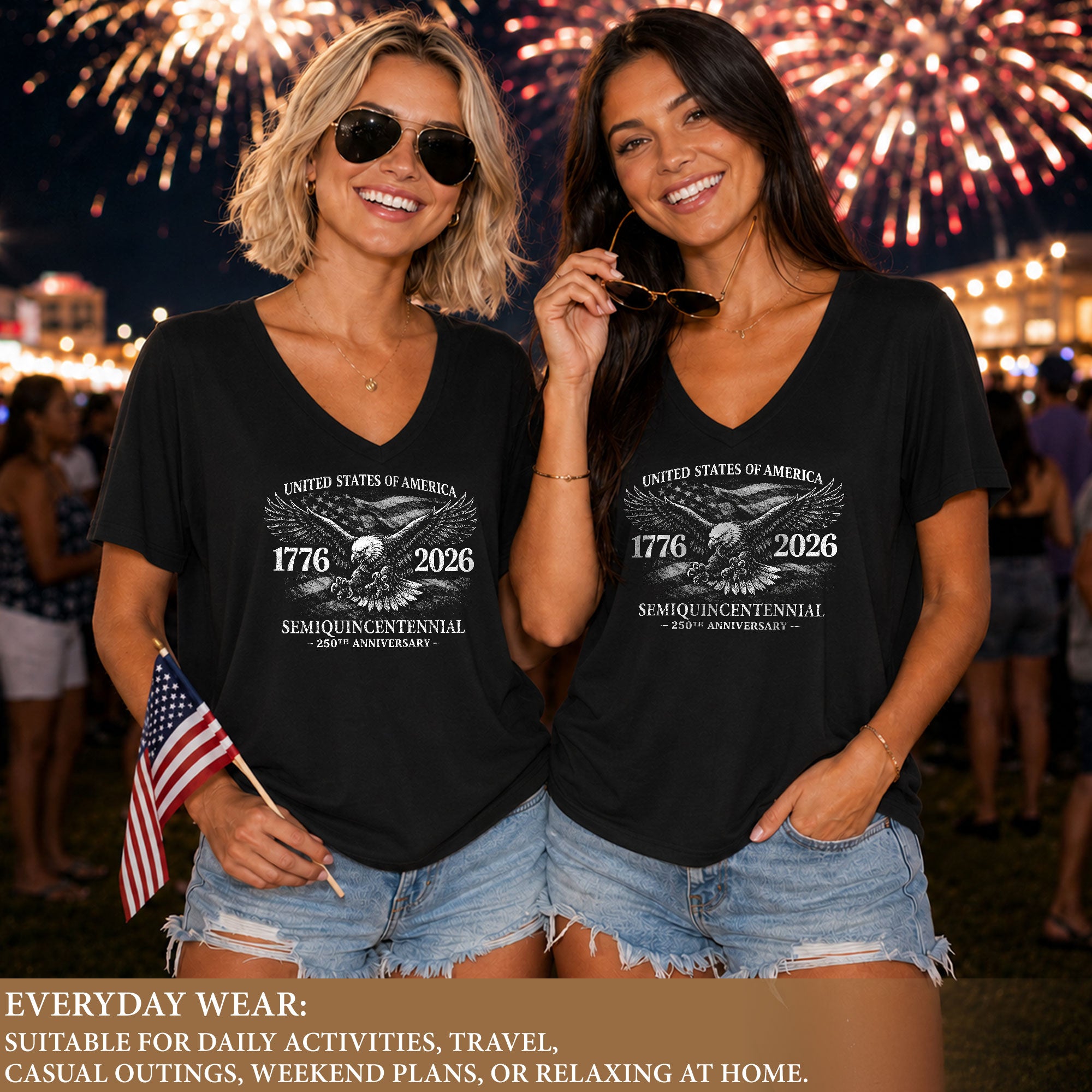 Patriotic V-Neck T-Shirt Women Eagle 1776-2026 Graphic United States History Casual Tee