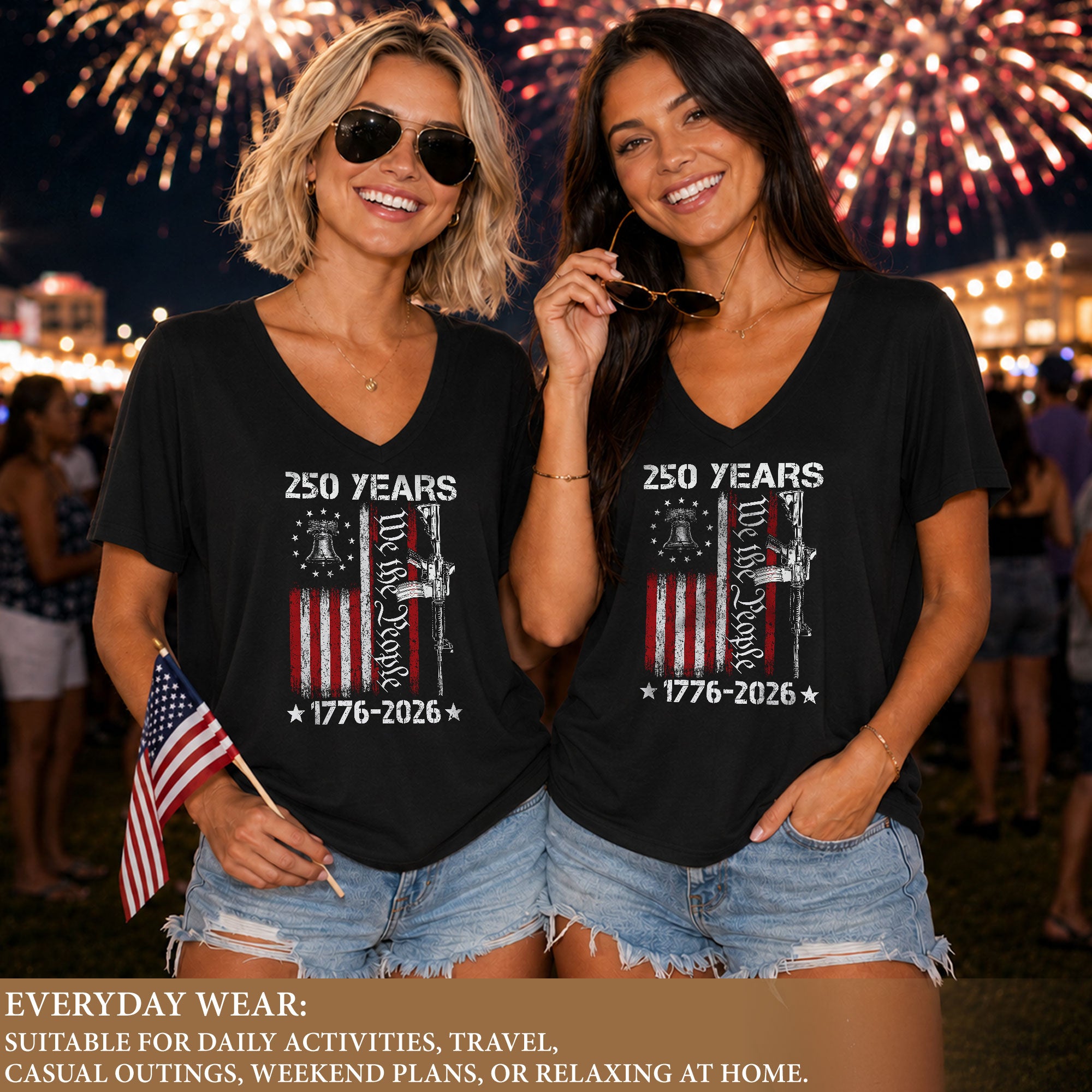 V-Neck T-Shirt Women Patriotic We The People 1776-2026 Liberty Bell Graphic Tee