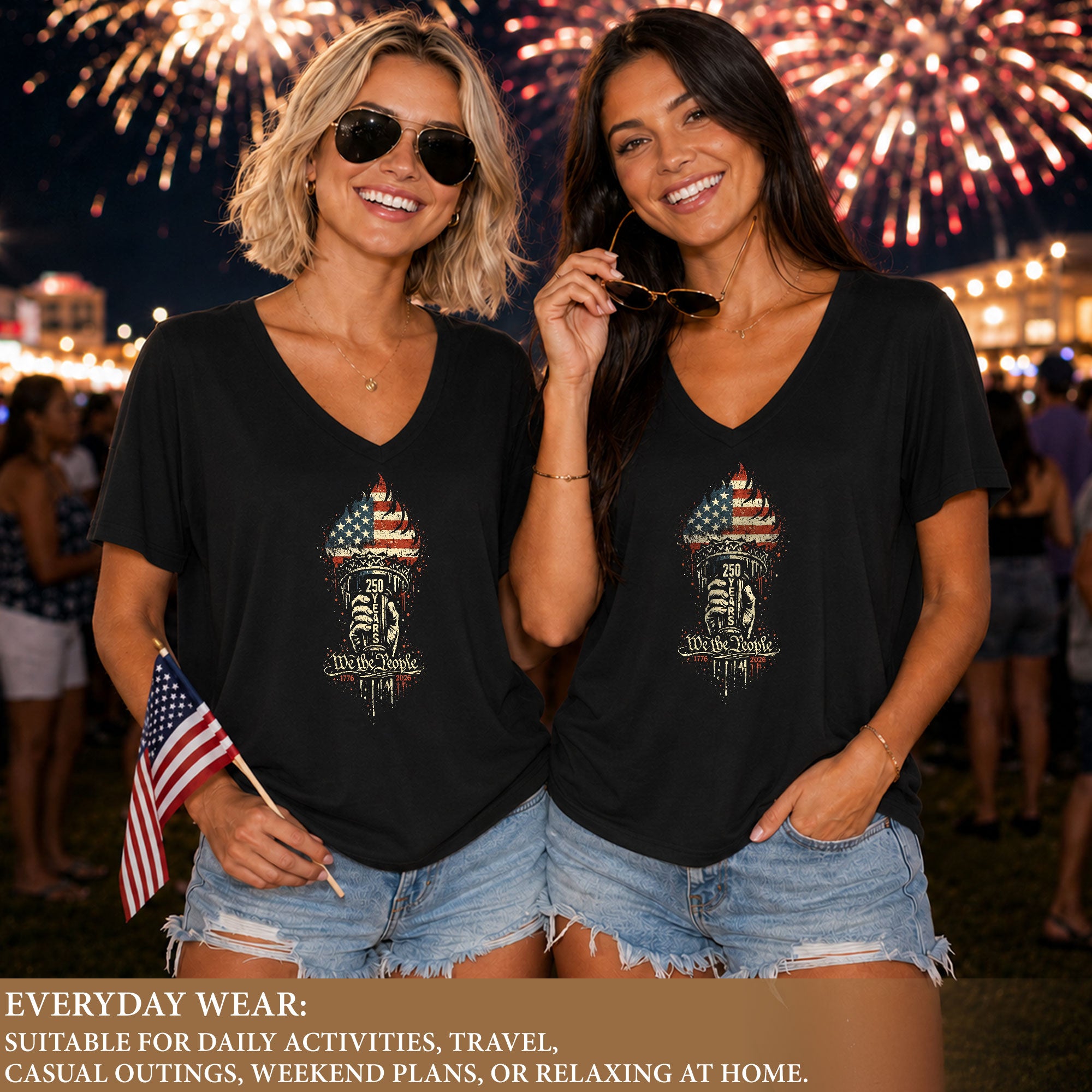 Women's V-Neck T-Shirt We The People 1776-2026 Patriotic Torch Graphic Casual Tee