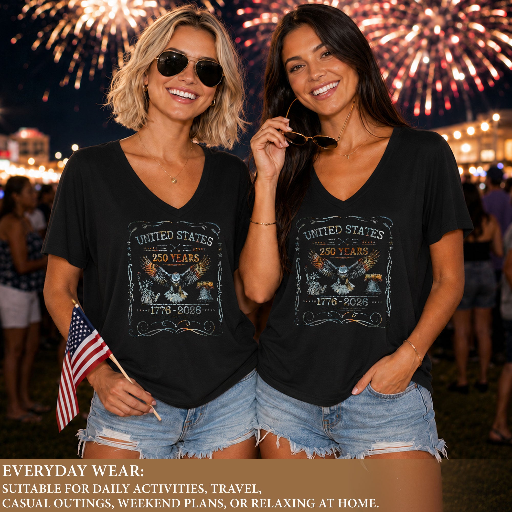 Patriotic V-Neck T-Shirt Women United States Eagle 1776-2026 Graphic Design Tee