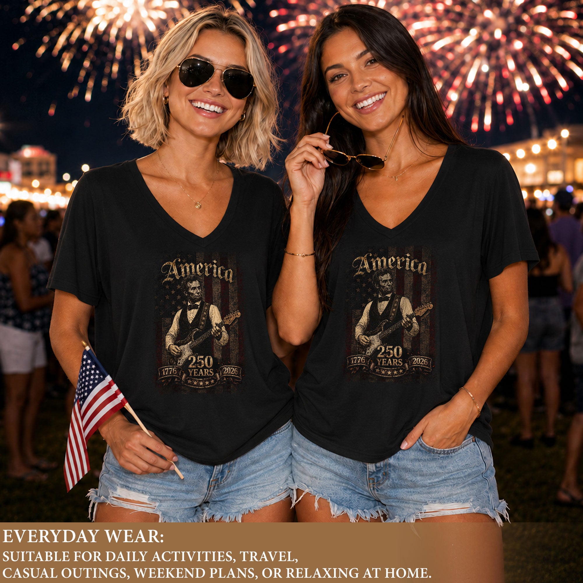 Patriotic Lincoln V-Neck Shirt Vintage 1776-2026 250 Years Freedom Womens Graphic Tee