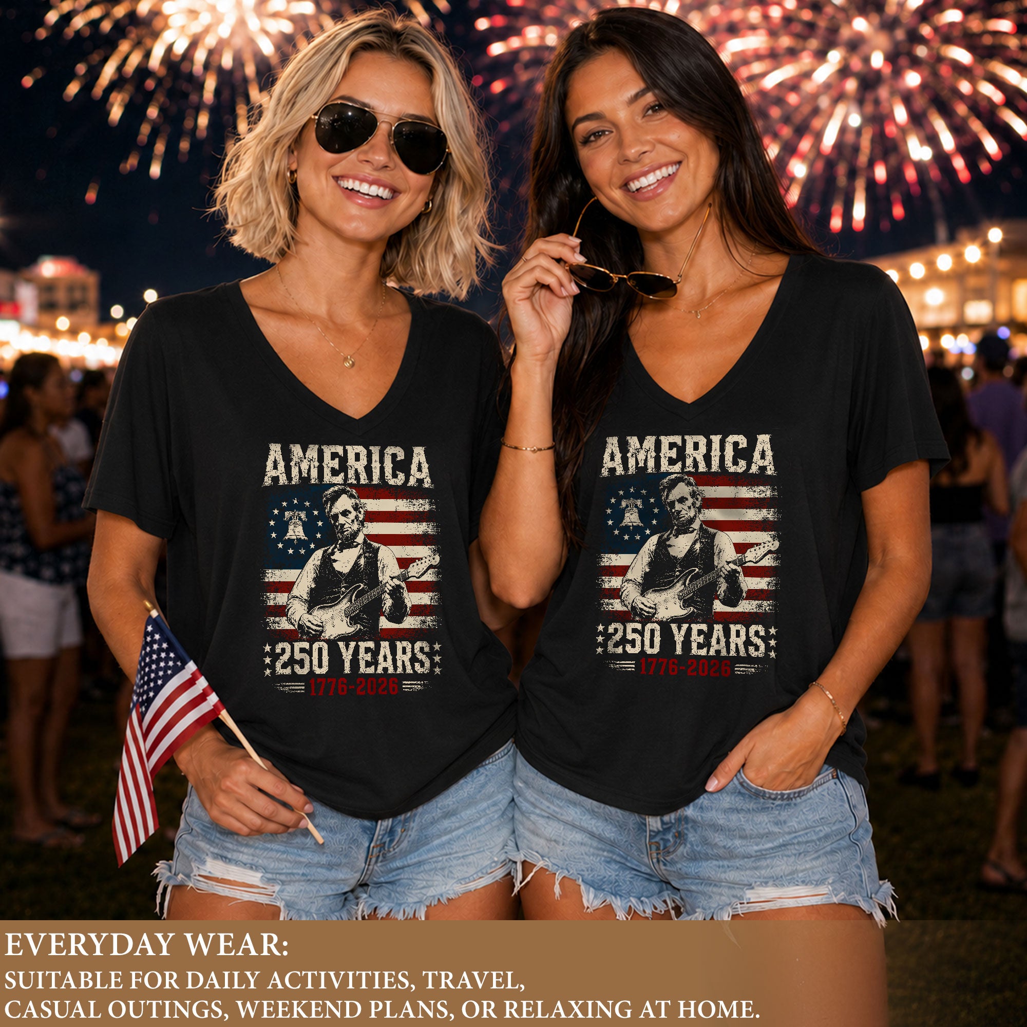 Liberty Bell Lincoln V-Neck Shirt Vintage 1776-2026 America 250 Years Women Tee