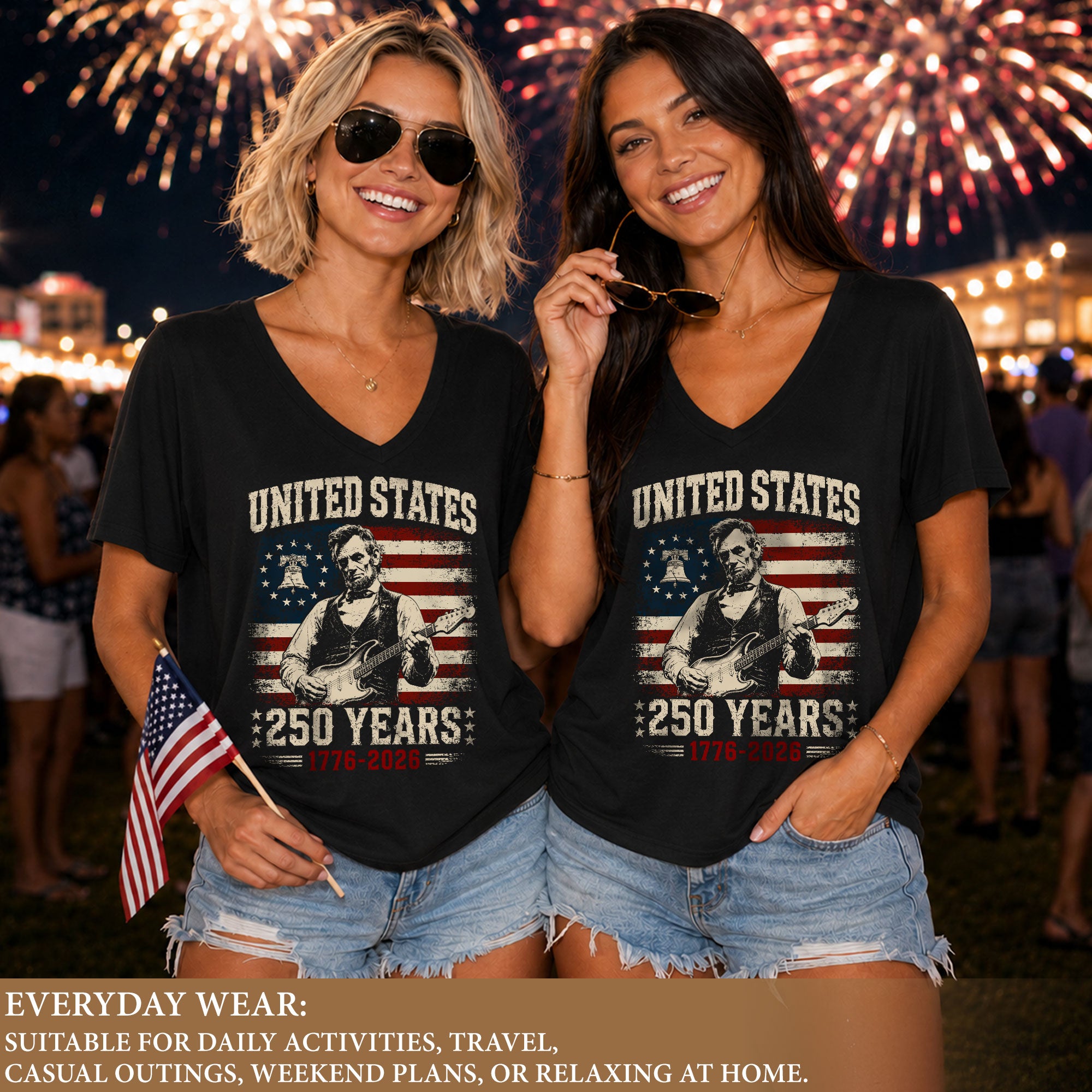 Liberty Bell Lincoln V-Neck Shirt Vintage 1776-2026 250 Years Patriotic Women Tee
