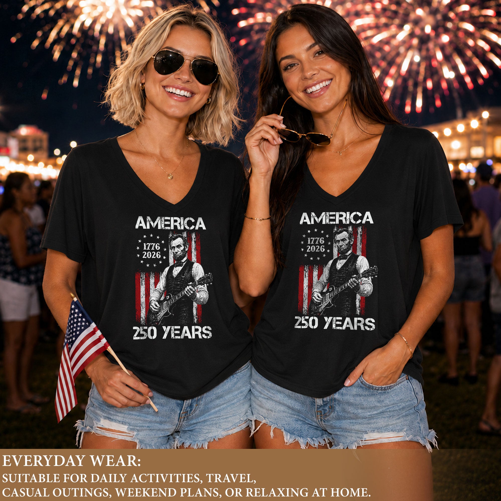Patriotic Lincoln Flag V-Neck Shirt Vintage 1776-2026 America 250 Years Womens Tee