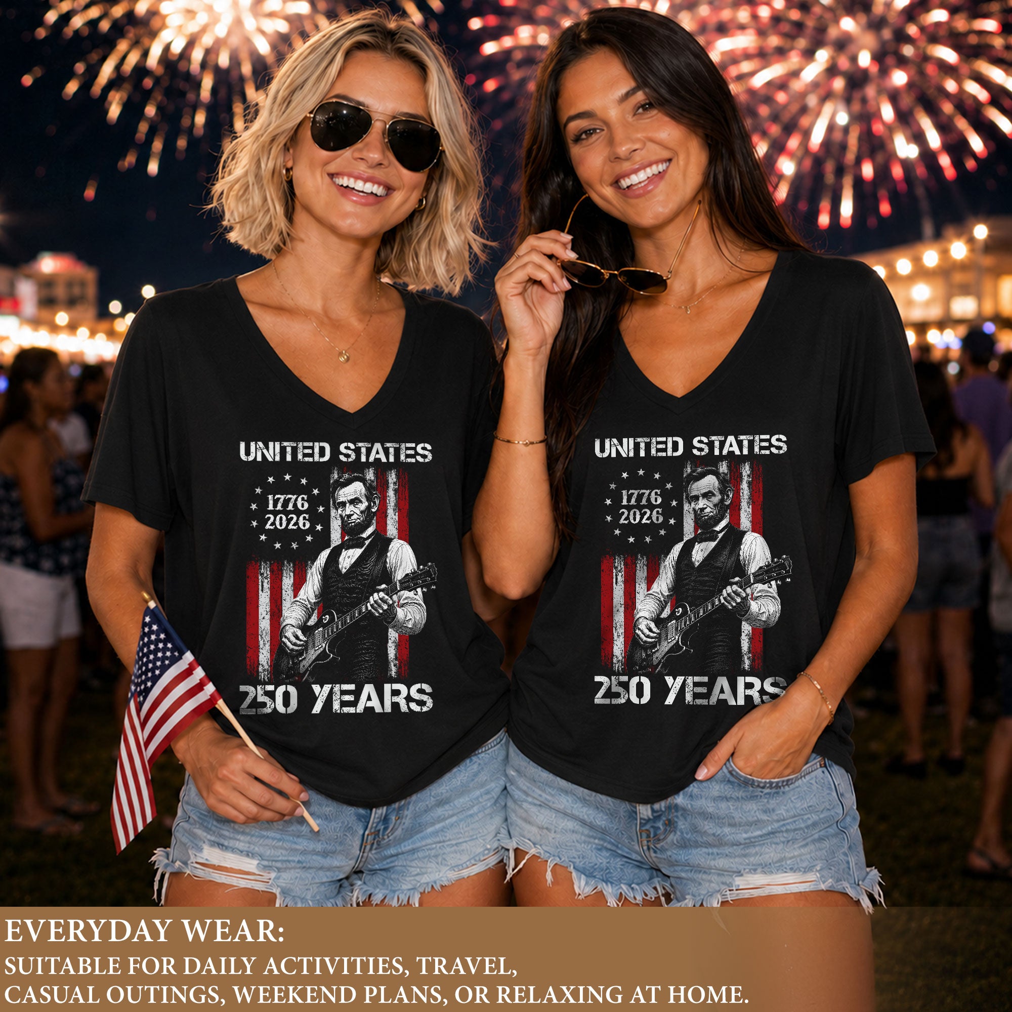 Patriotic Lincoln Flag V-Neck Shirt Vintage 1776-2026 250 Years Freedom Womens Tee