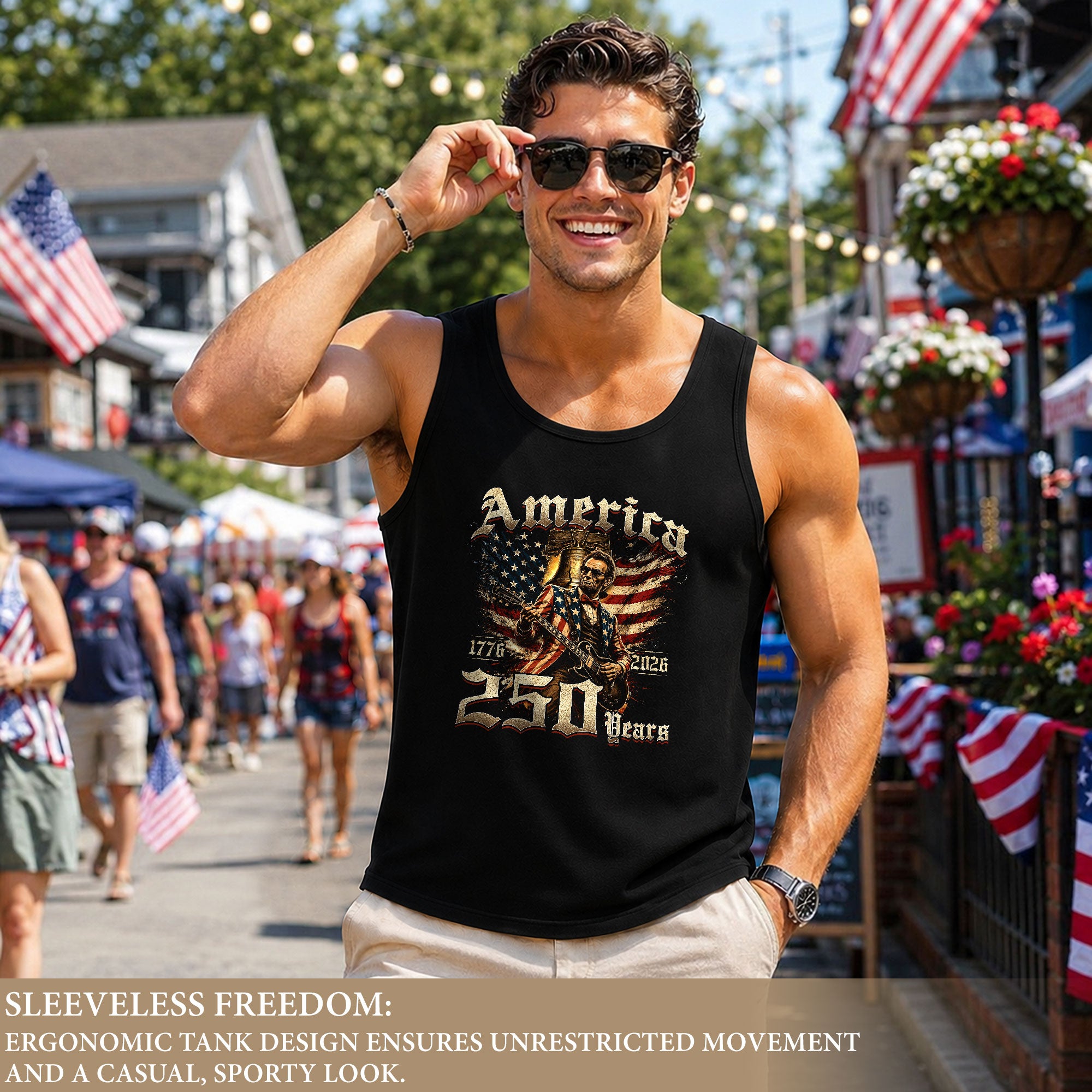 Patriotic Men's Tank Top Lincoln Guitar Graphic Print 1776-2026 Historical Style Shirt