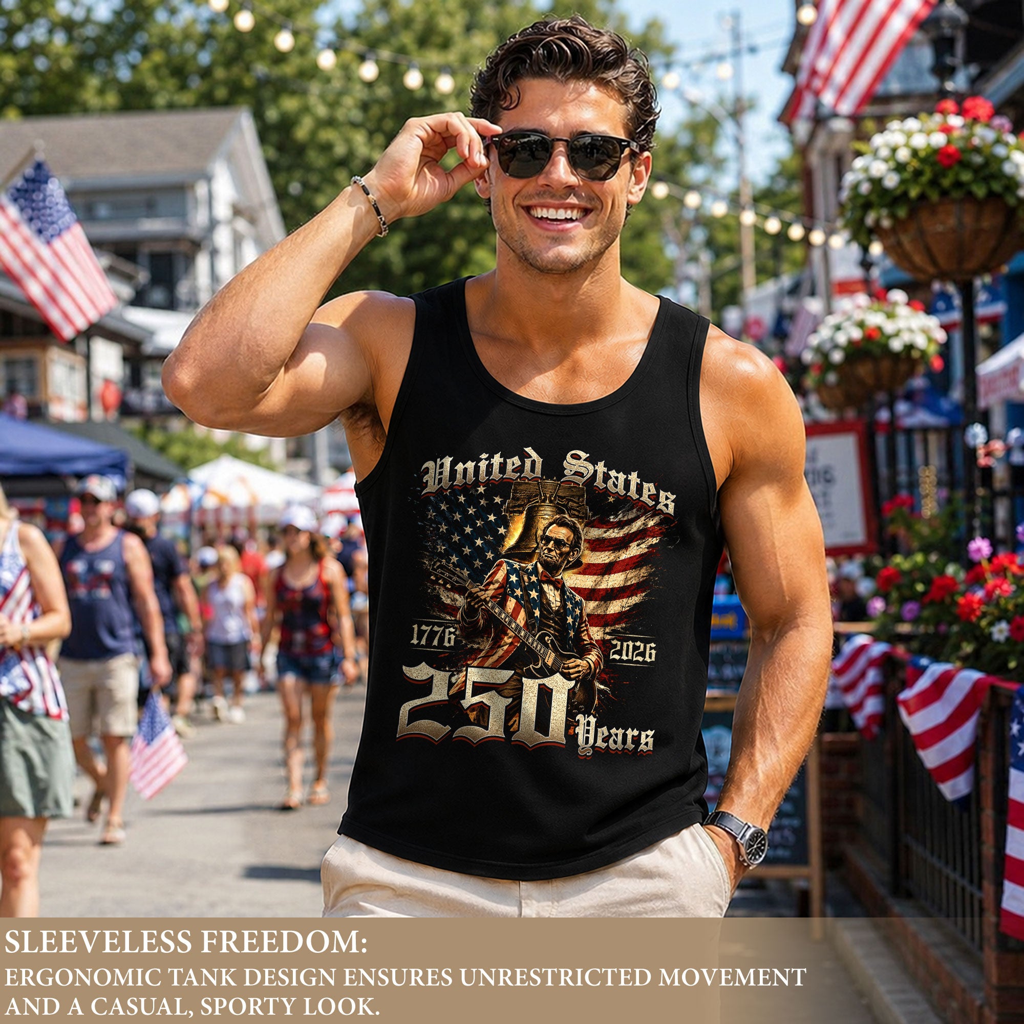 Patriotic Men's Tank Top Lincoln Guitar Graphic Print 1776-2026 Historical Style Shirt
