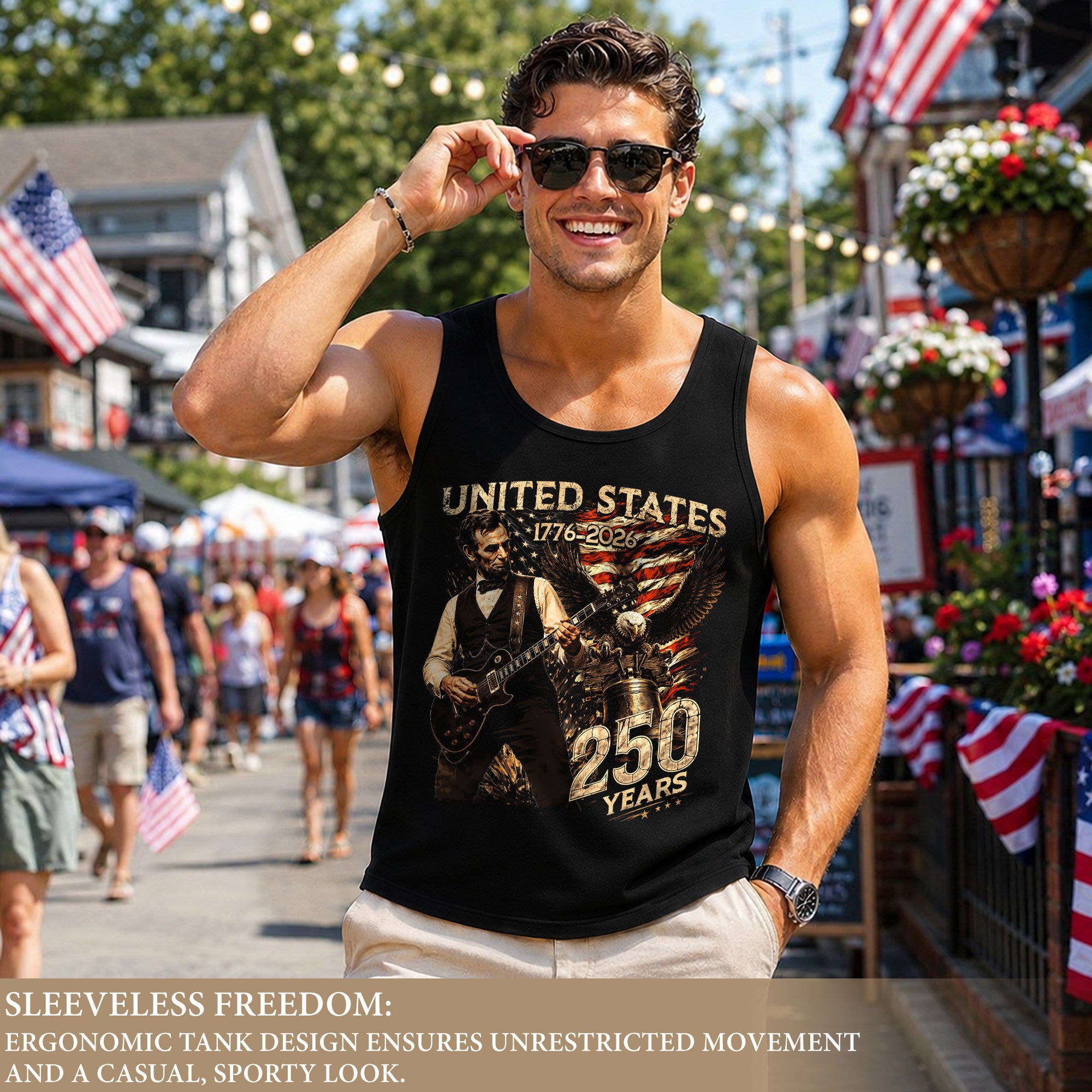 Men's Patriotic Tank Top Abraham Lincoln Guitar Graphic 1776-2026 Historical Style Tee
