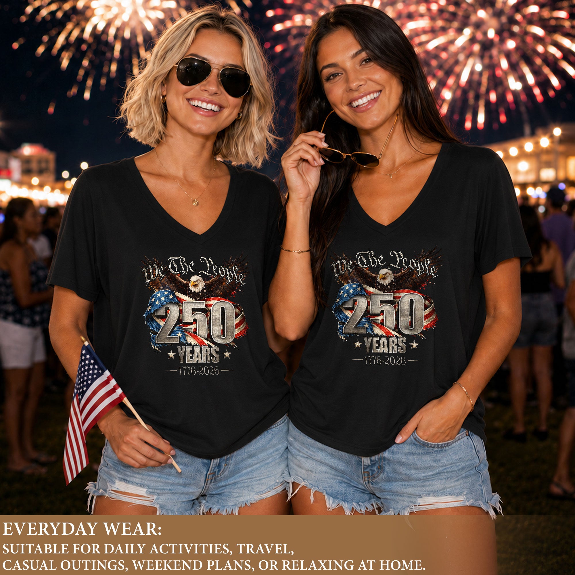 We The People V Neck T-Shirt Patriotic Eagle 1776-2026 America 250 Years Navy Tee