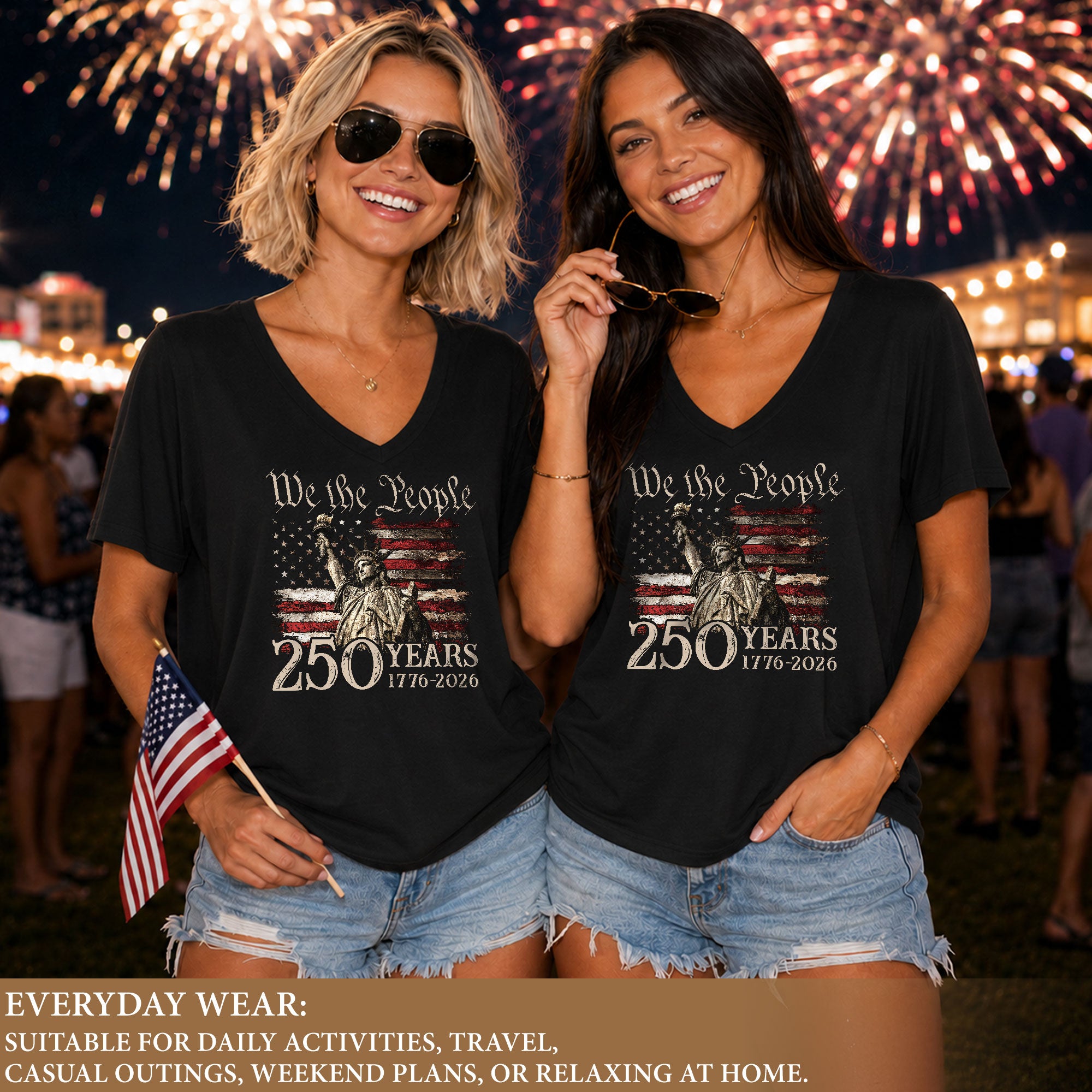 250 Years We The People V-Neck T-Shirt Patriotic Statue of Liberty USA 1776-2026