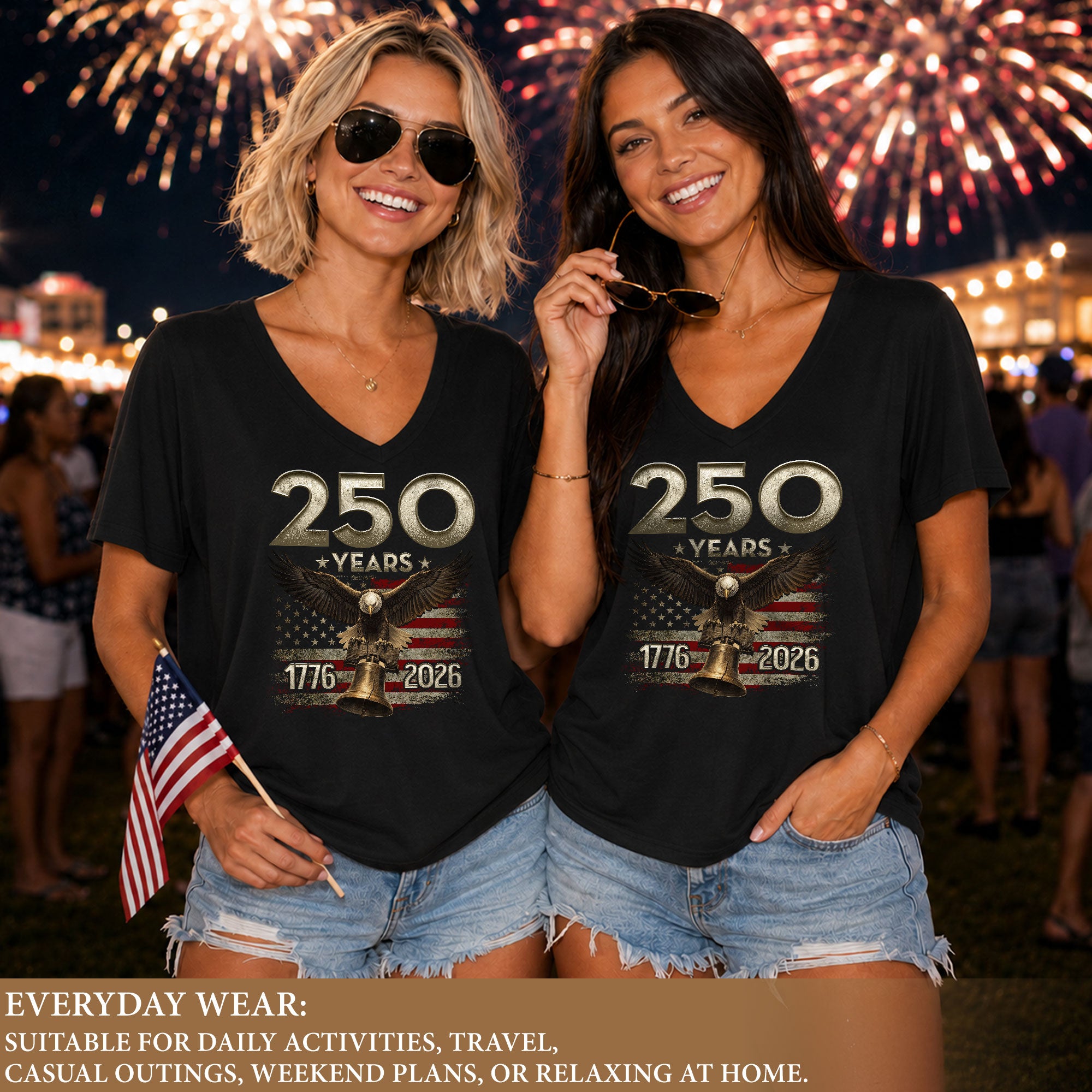 250 Years Eagle V-Neck T-Shirt Patriotic USA Flag 1776-2026 American Freedom Tee
