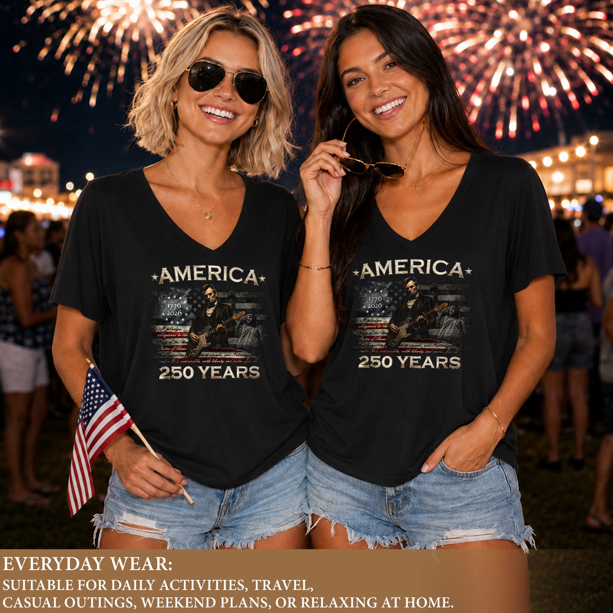 America 250 Years V-Neck T-Shirt Lincoln Guitar Patriotic USA 1776-2026 Tee