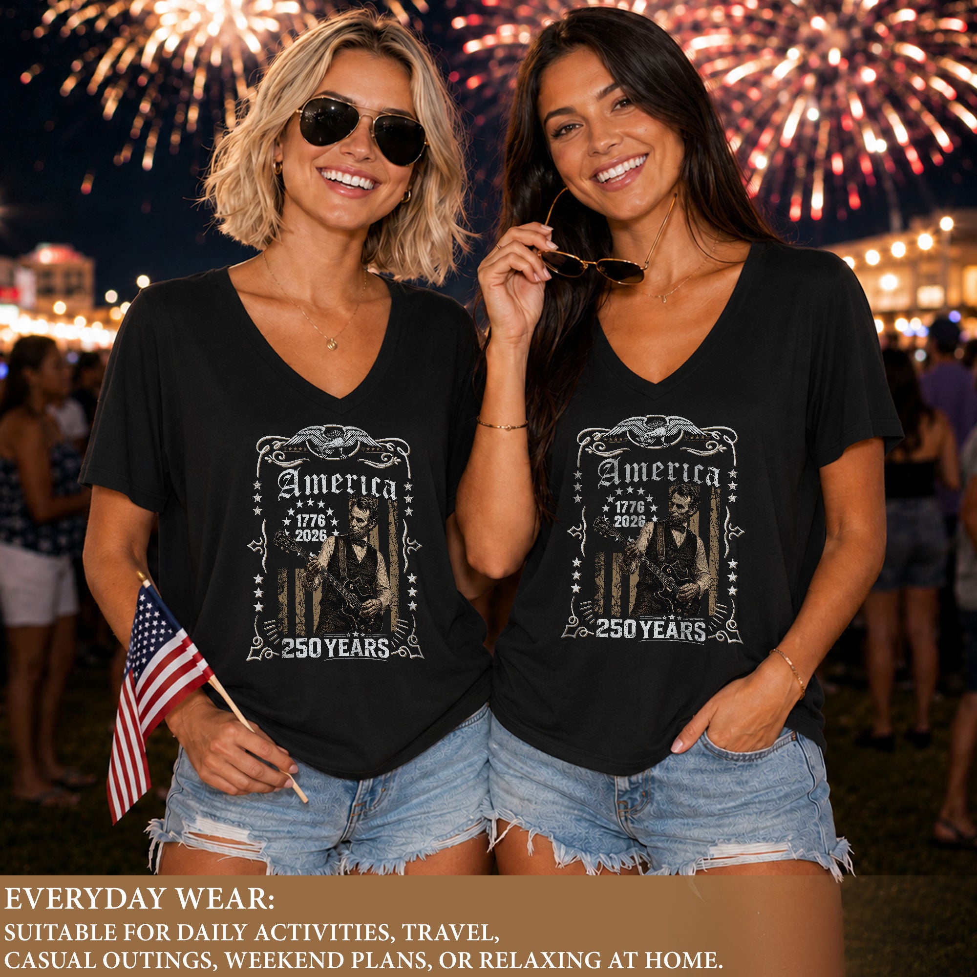 Patriotic Eagle Lincoln V-Neck Shirt Vintage 1776-2026 America 250 Years Women