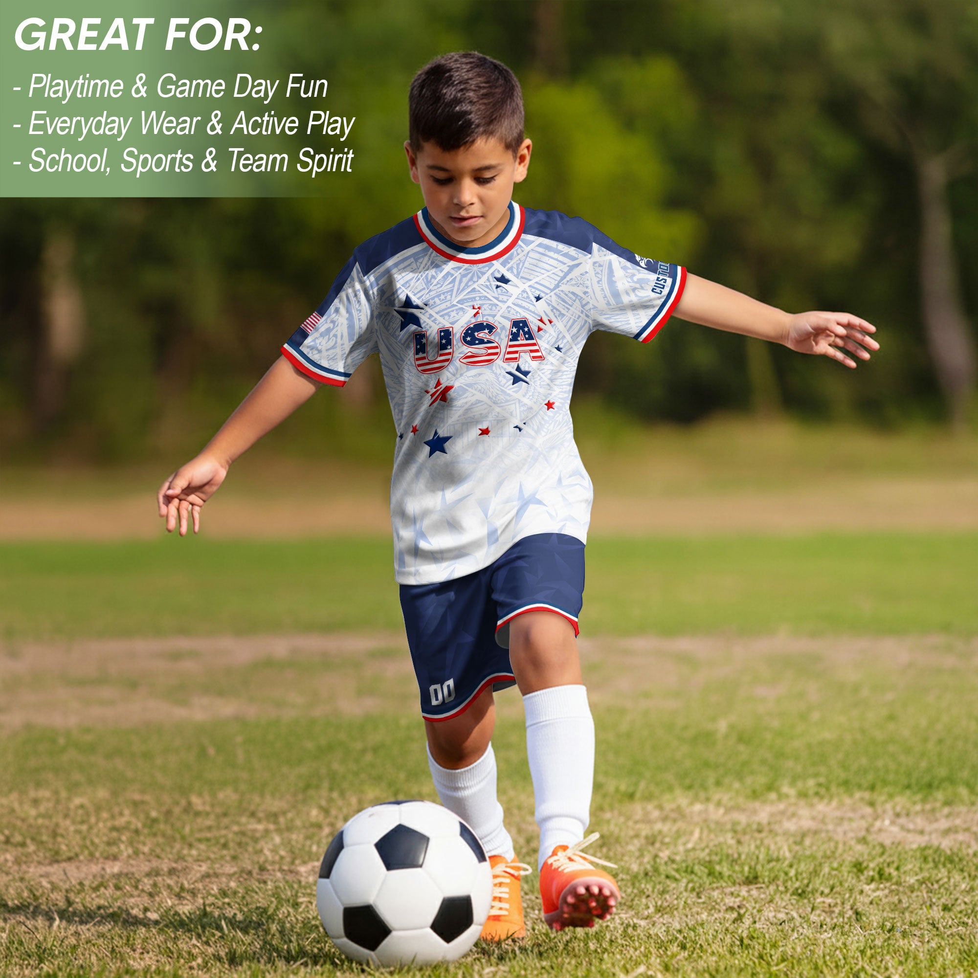 Custom Kids USA Soccer Jersey White Blue Patriotic American Football Shirt