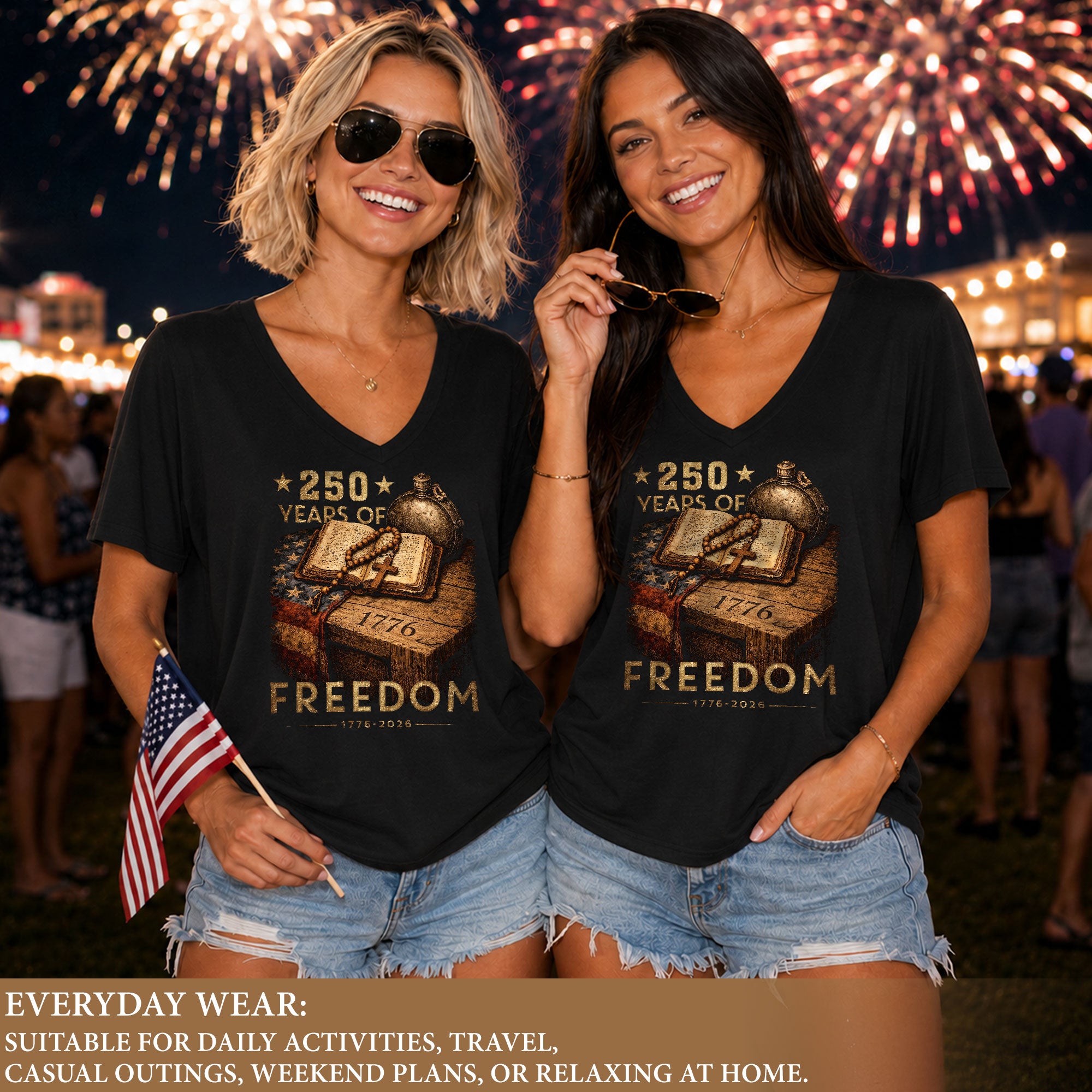 250 Years of Freedom Women's V-Neck T-Shirt 1776-2026 Patriotic Faith Tee - Rust Field Wear