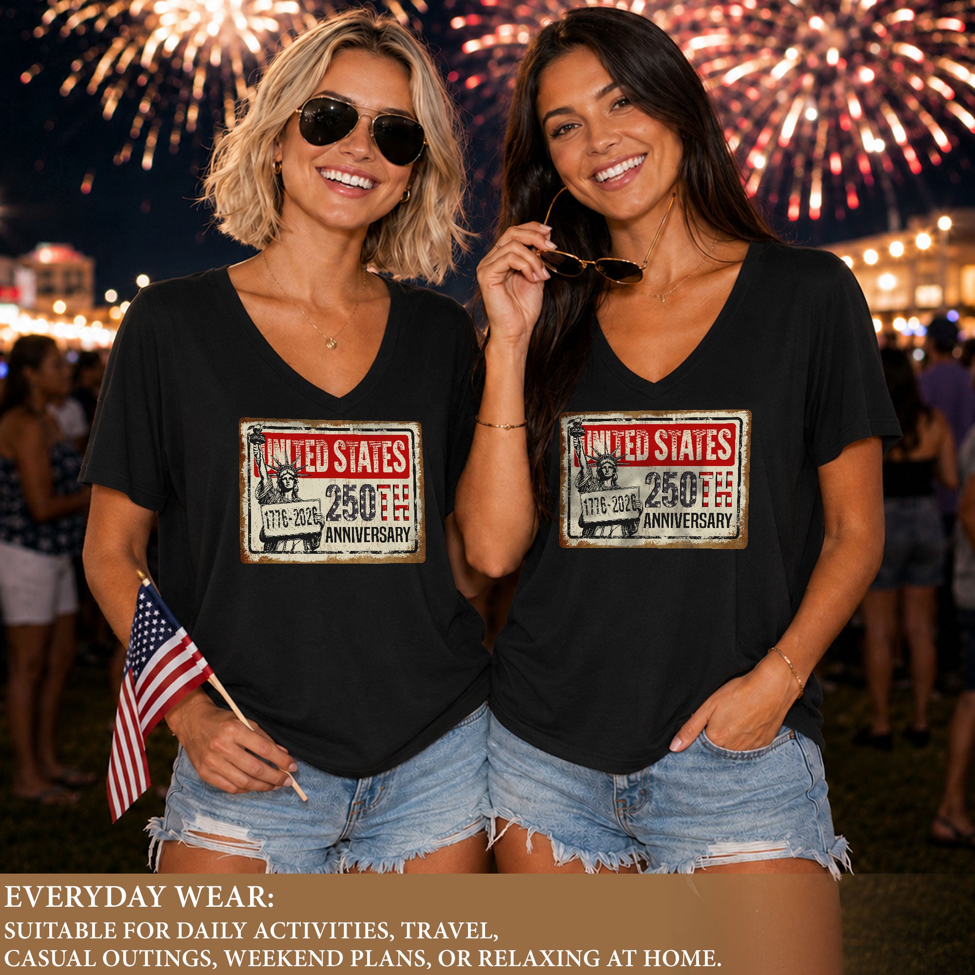 United States 250th Anniversary Women V-Neck T-Shirt 1776-2026 Patriotic Liberty Tee - Rust Field Wear