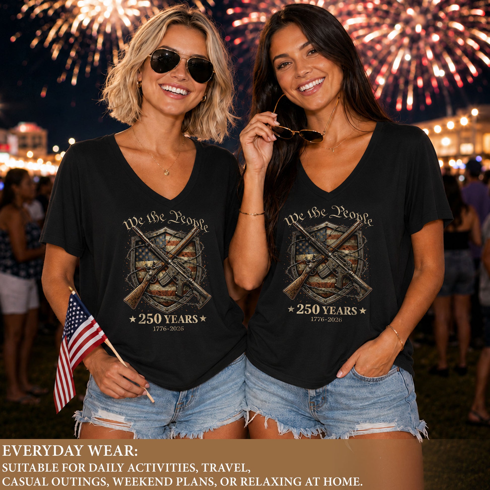We The People 250 Years Women's V-Neck T-Shirt 1776-2026 Patriotic Freedom Tee - Rust Field Wear