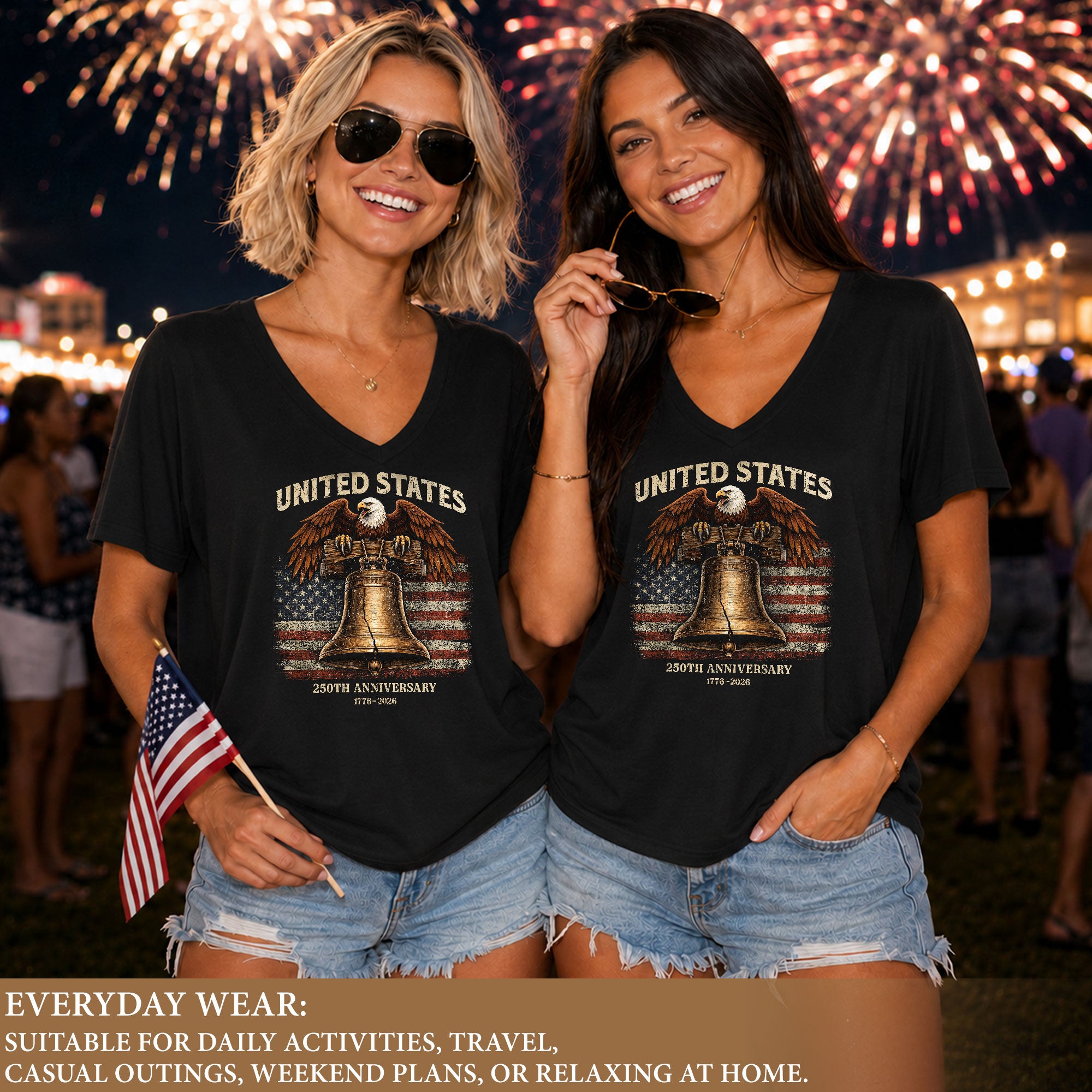 Women's United States 250th Anniversary V-Neck Shirt Eagle Liberty Bell Freedom Tee - Rust Field Wear