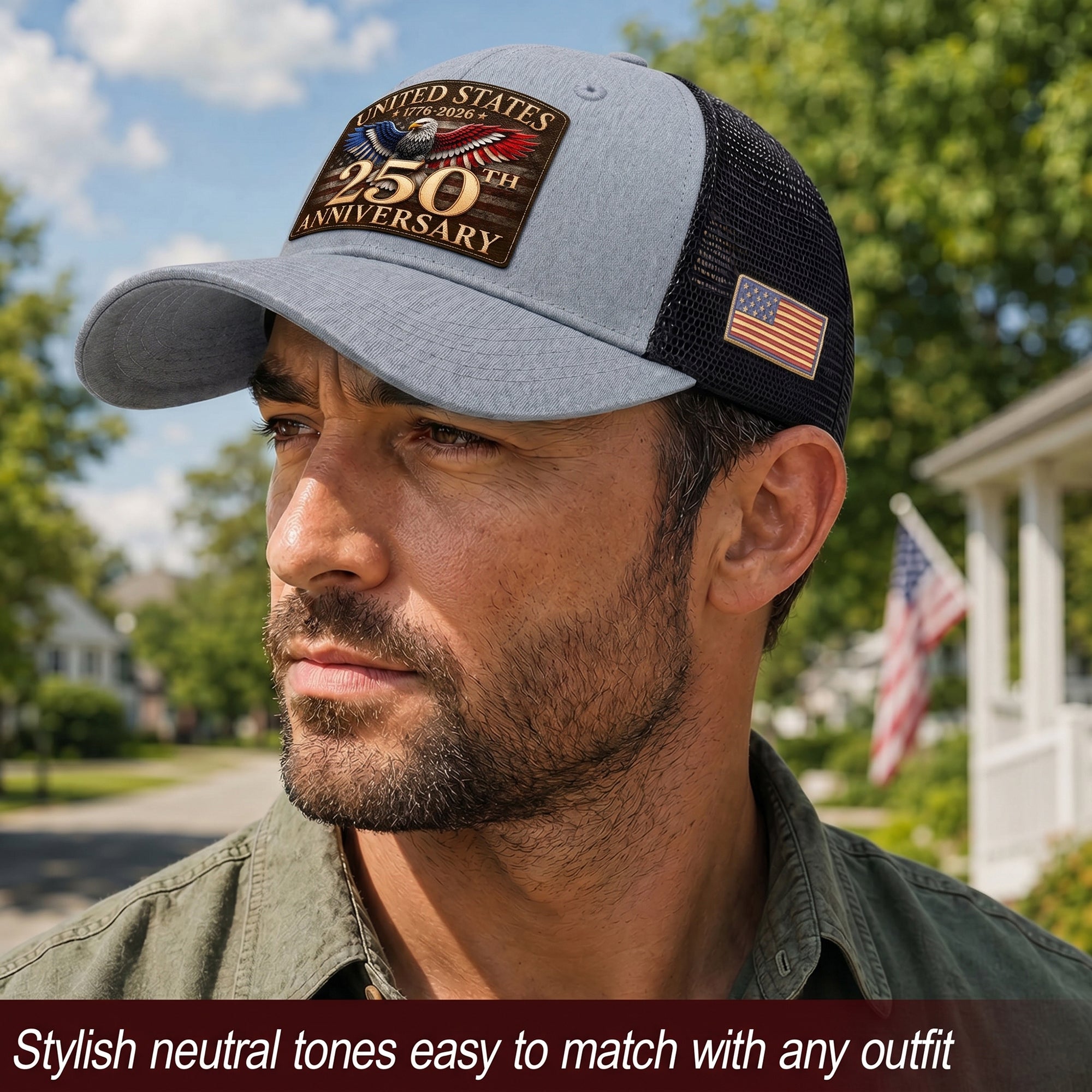 United States 250th Anniversary Trucker Hat Leather Patch Gray Black Commemorative