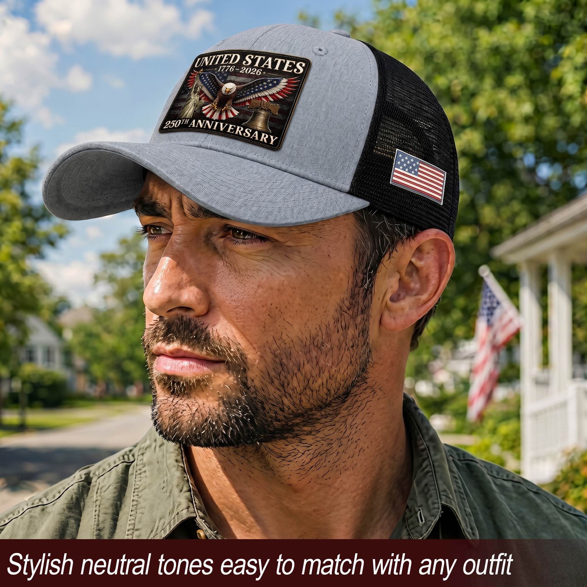 Gray Black Mesh Back Cap Leather Patch 1776 to 2026 Structured Anniversary Hat