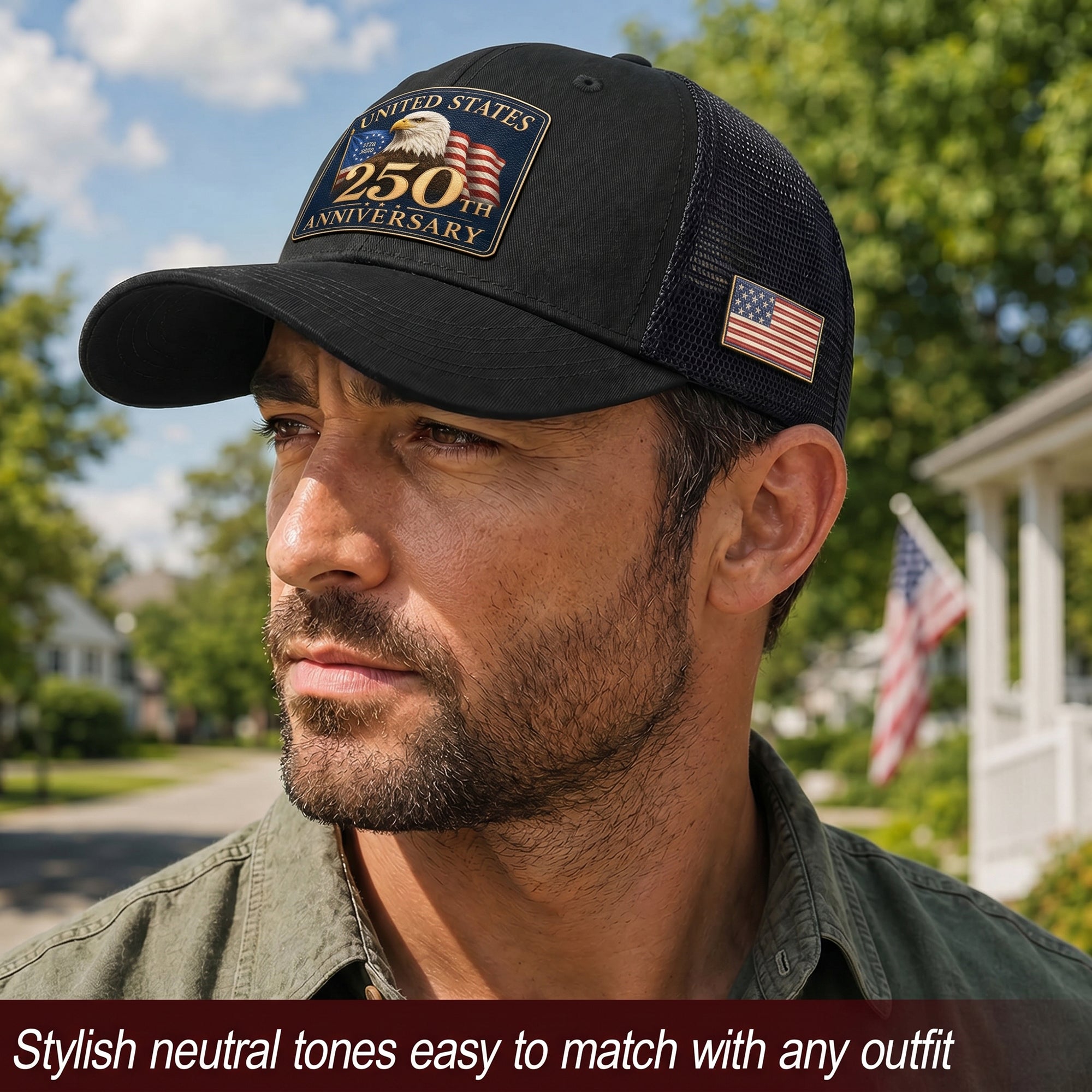 Structured Black Mesh Cap Leather Patch 1776 to 2026 Anniversary Headwear