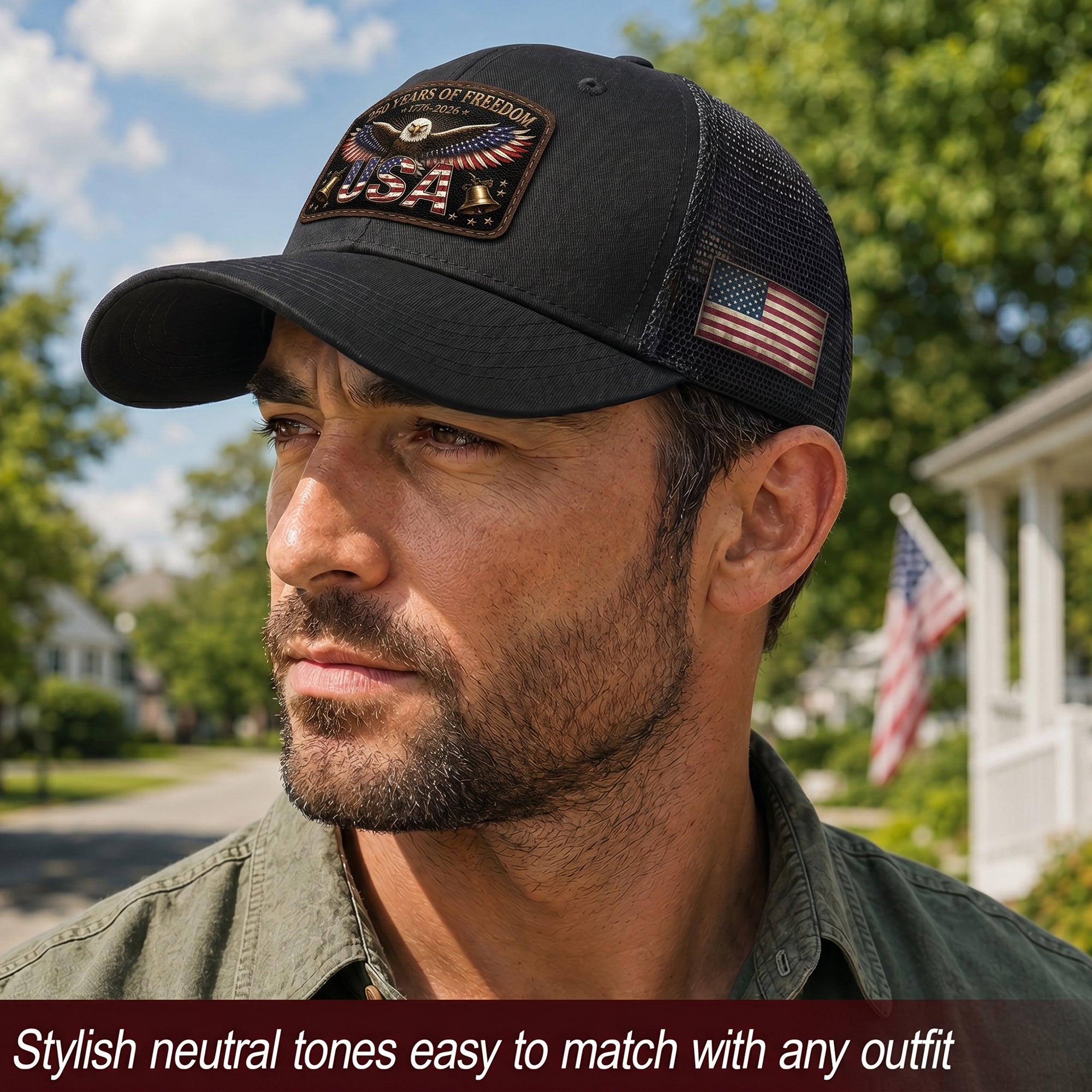USA 250 Years Of Freedom Leather Patch Hat Patriotic Mesh Back Cap Black