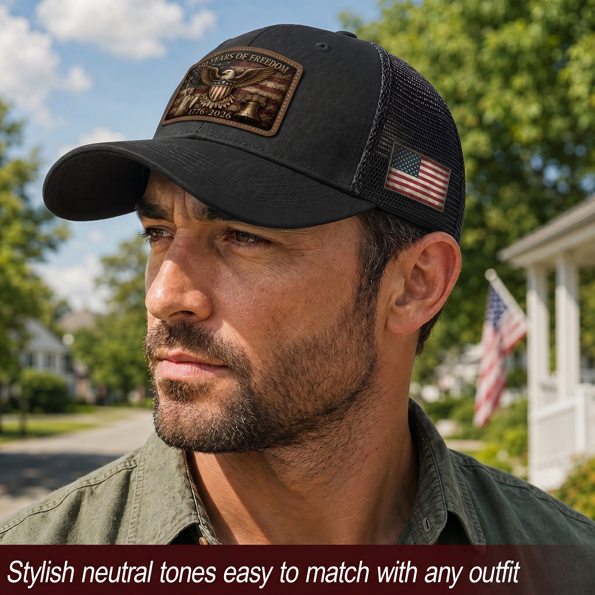 Black Patriotic Leather Patch Hat 250 Years Of Freedom USA Mesh Back Trucker Cap