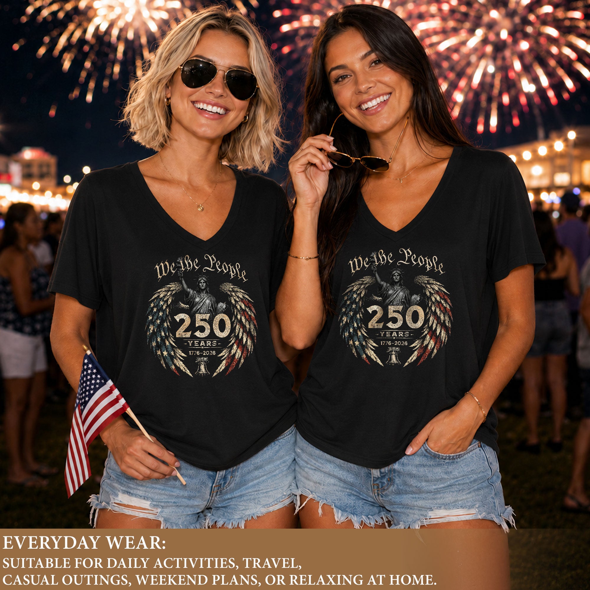 Women's Statue of Liberty V-Neck T-Shirt 250 Years Patriotic Freedom Anniversary Tee - Rust Field Wear