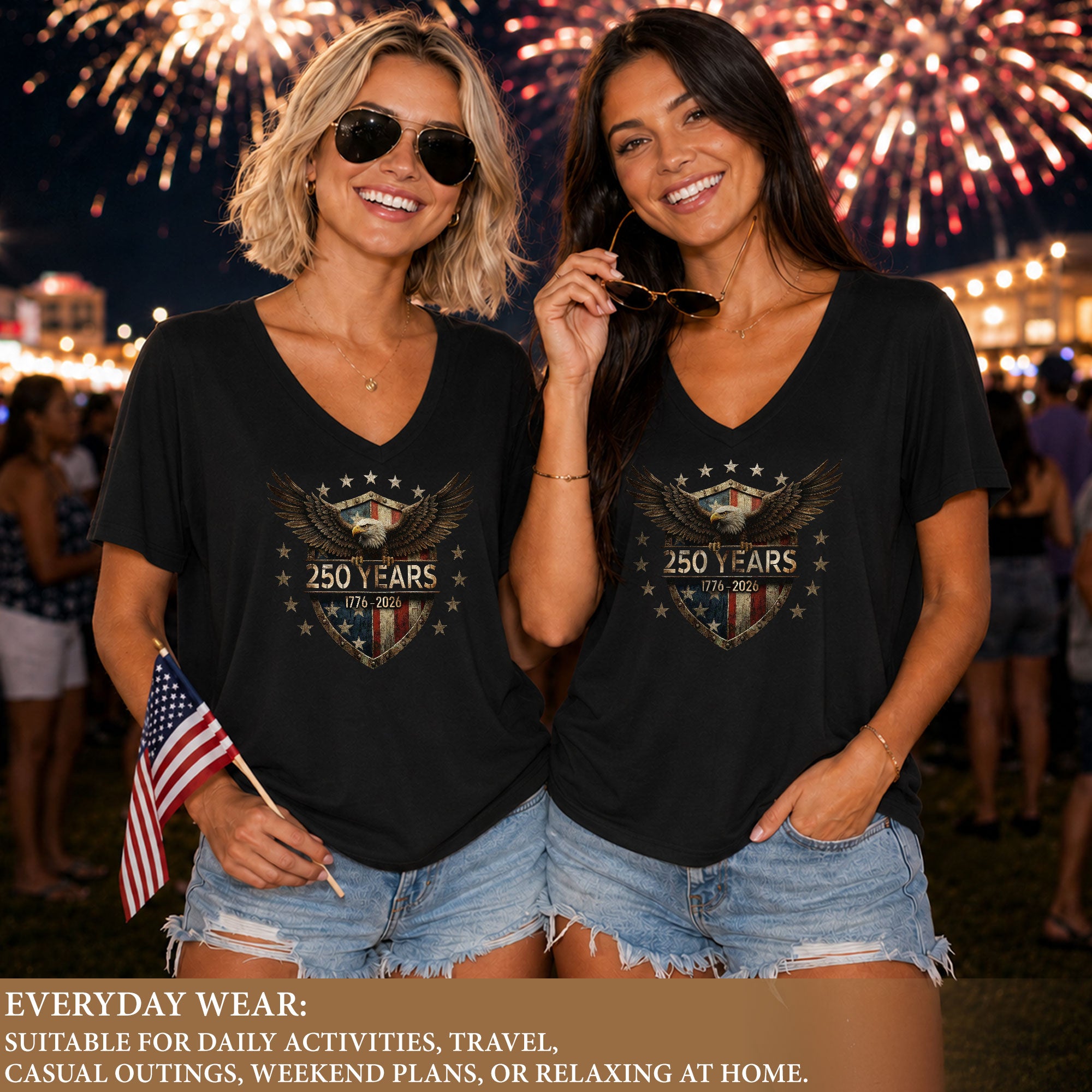 250 Years Women's V-Neck T-Shirt Eagle Shield Patriotic Freedom 1776-2026 Tee - Rust Field Wear