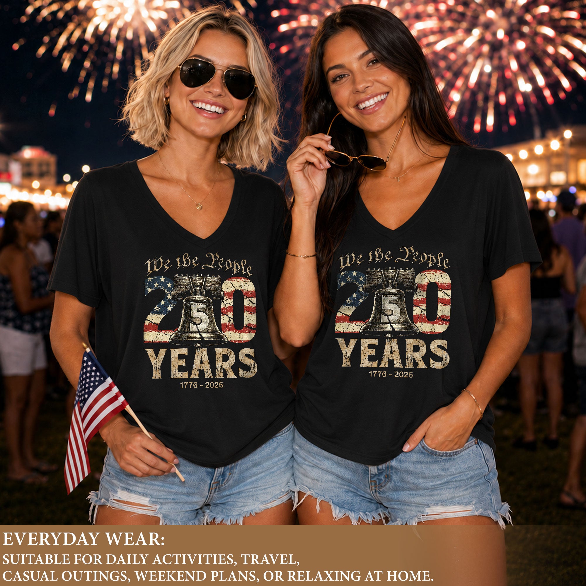 Women's Patriotic Heritage V-Neck Shirt We The People 250 Years Freedom Tee - Rust Field Wear