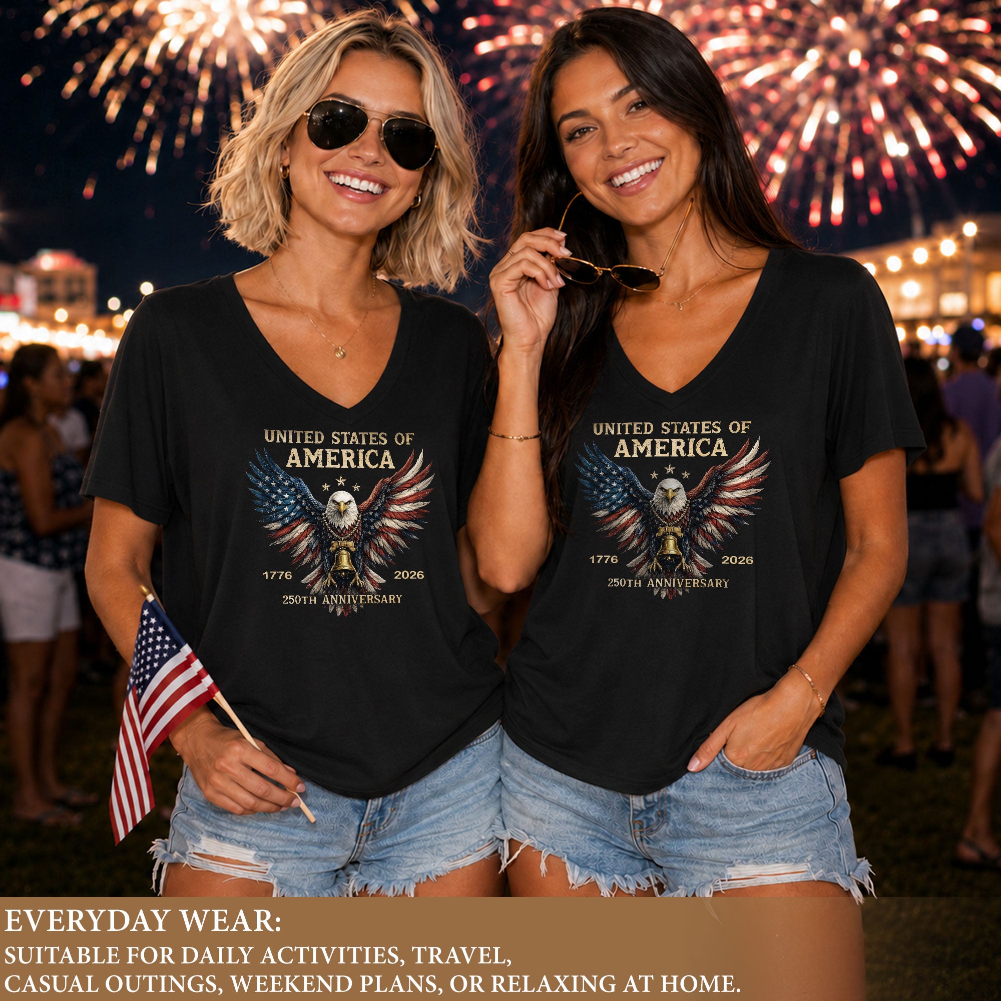 USA 250th Anniversary American Eagle V Neck T Shirt Women Patriotic Casual Graphic Tee - Rust Field Wear