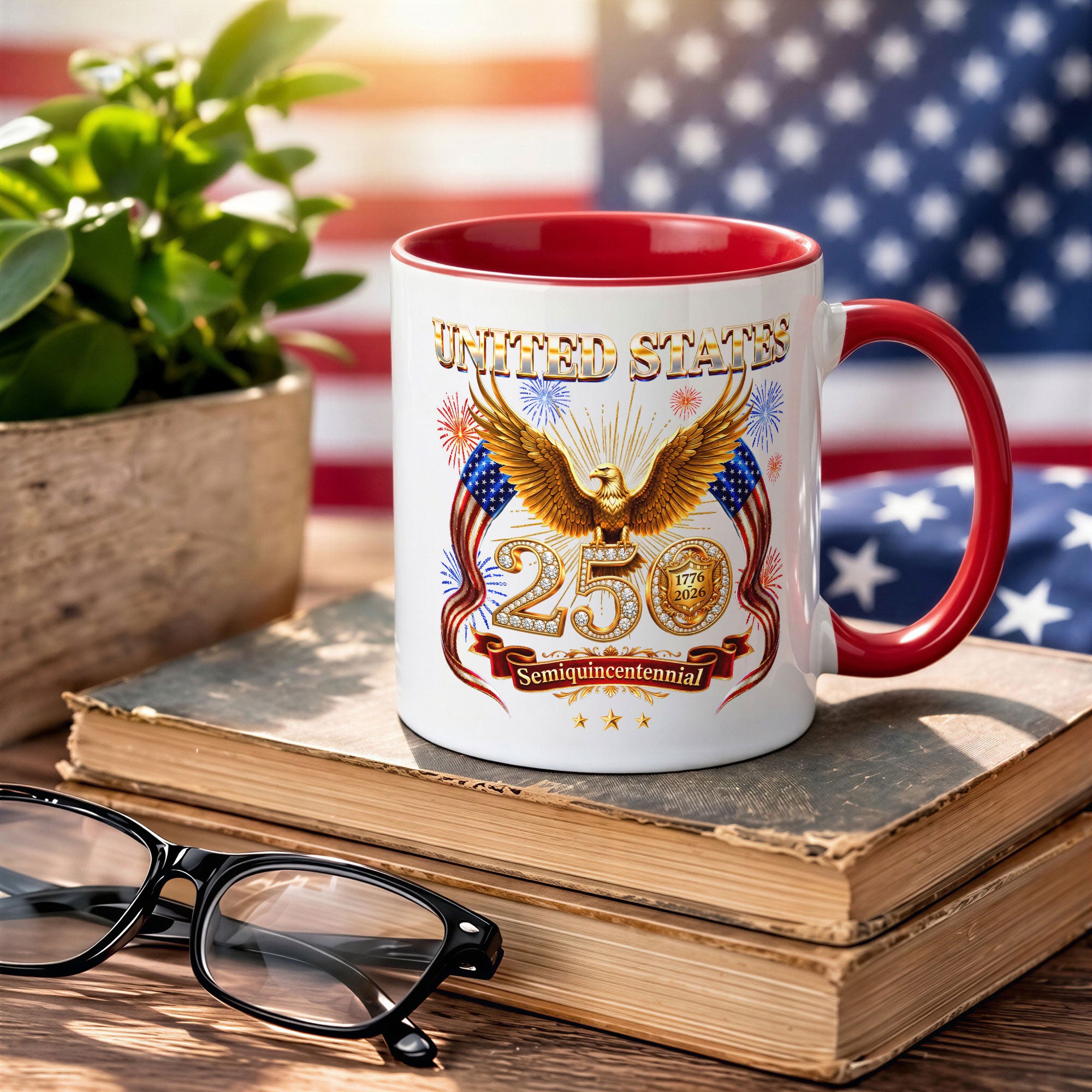 United States 1776 2026 Accent Mug - Patriotic Golden Eagle US Flag Gift Cup