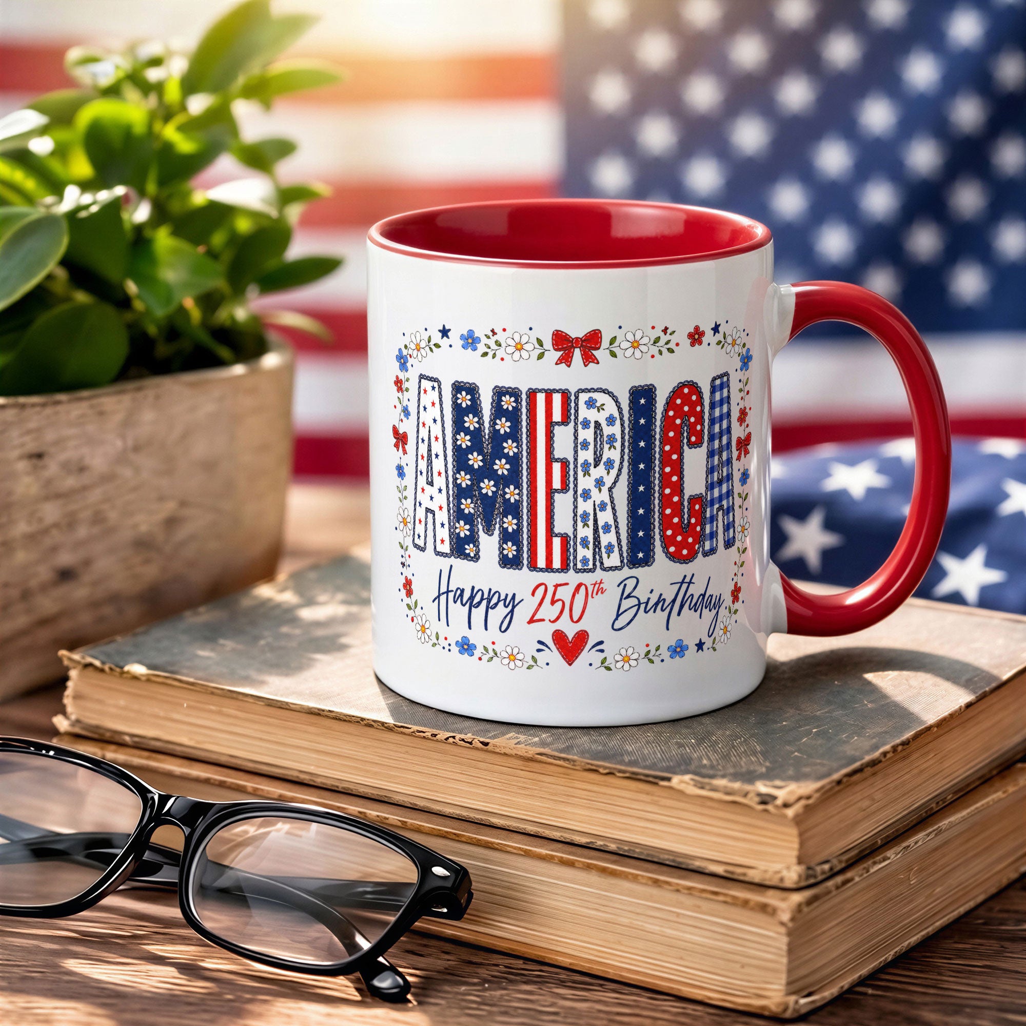 Cute America Floral Mug - Happy 250th Birthday Patriotic US Coquette Bow Ceramic Cup