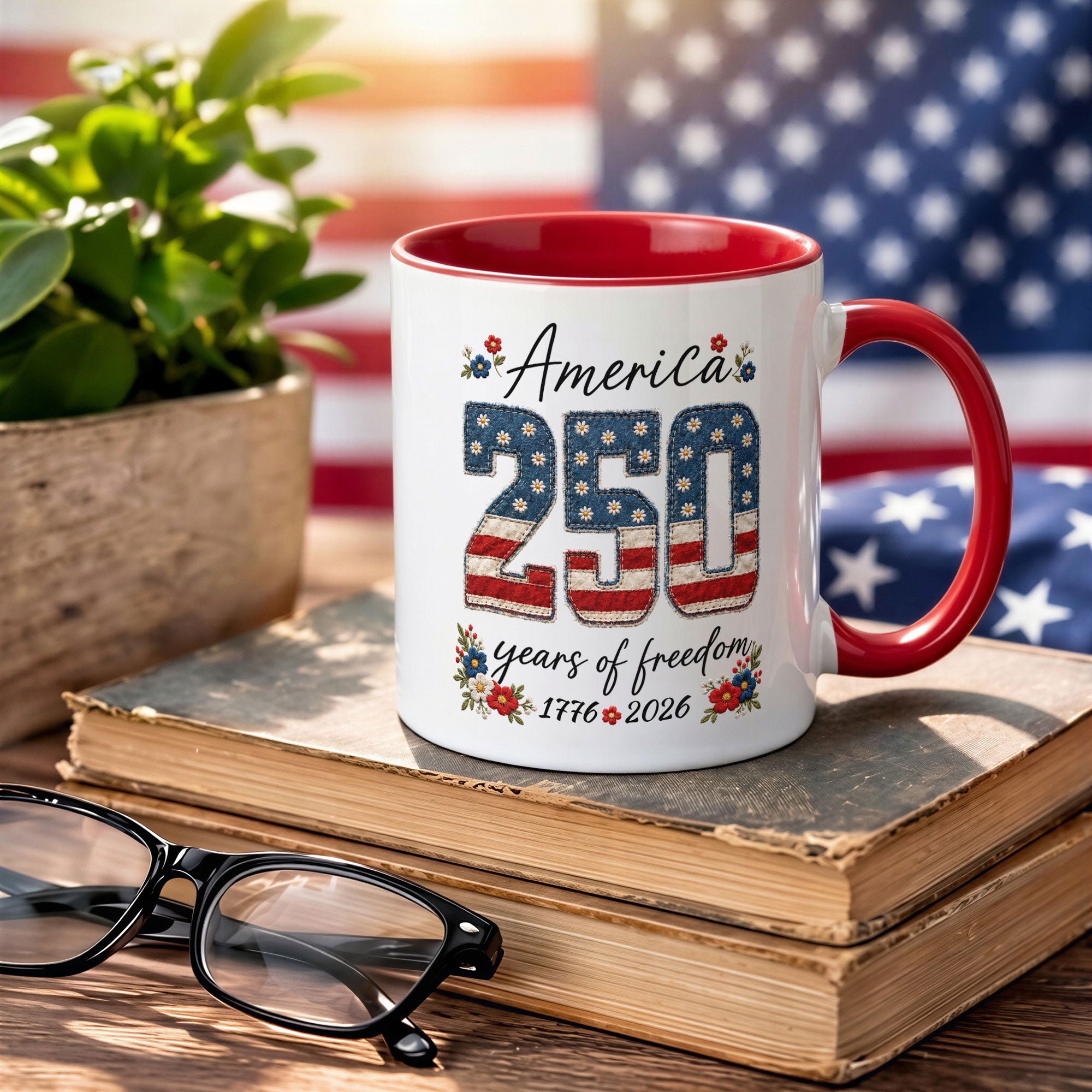 Cute America 250 Years Mug - Patriotic Floral US Anniversary Rim Ceramic Cup