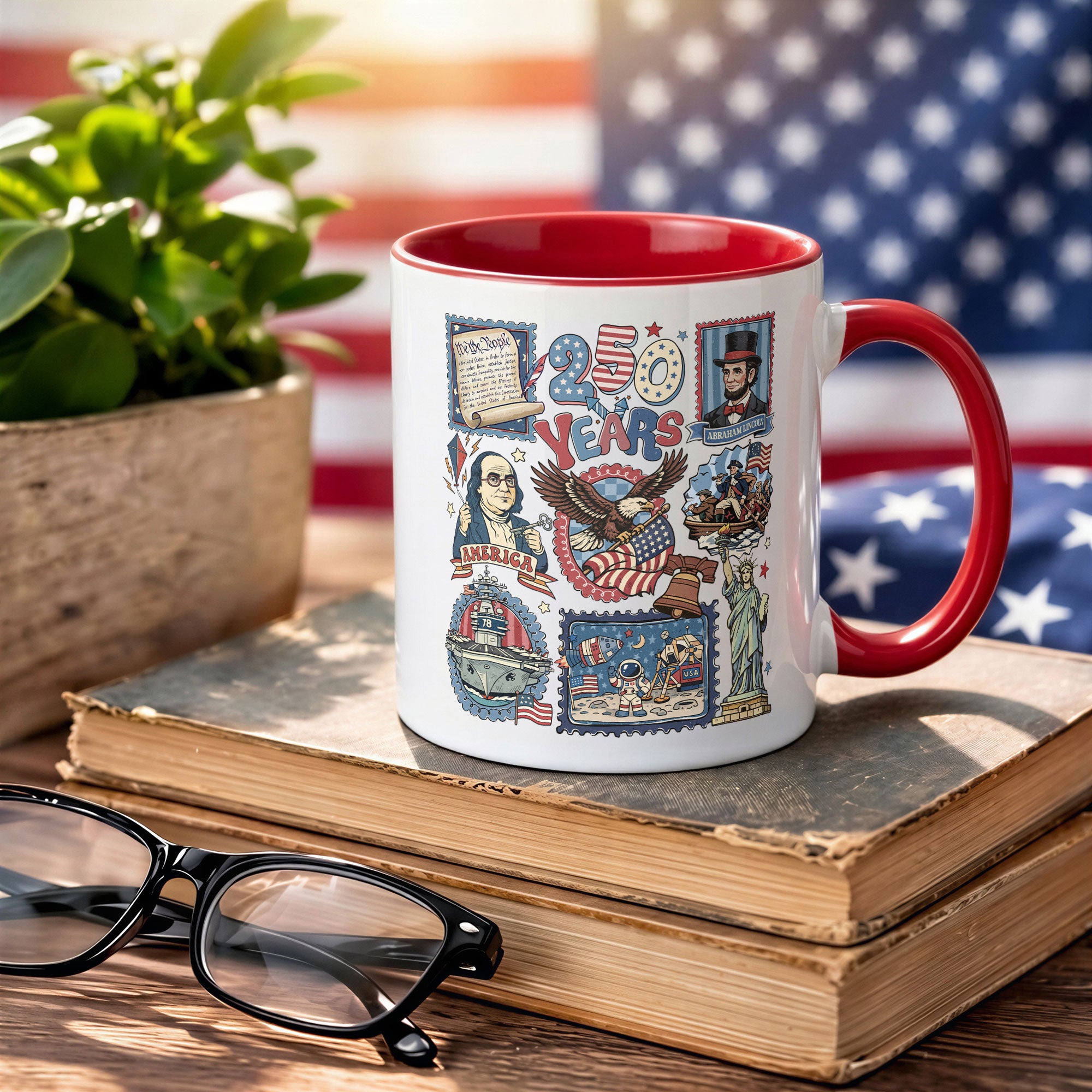 250 Years US History Stamp Accent Mug - Vintage Patriotic American Heritage Cup