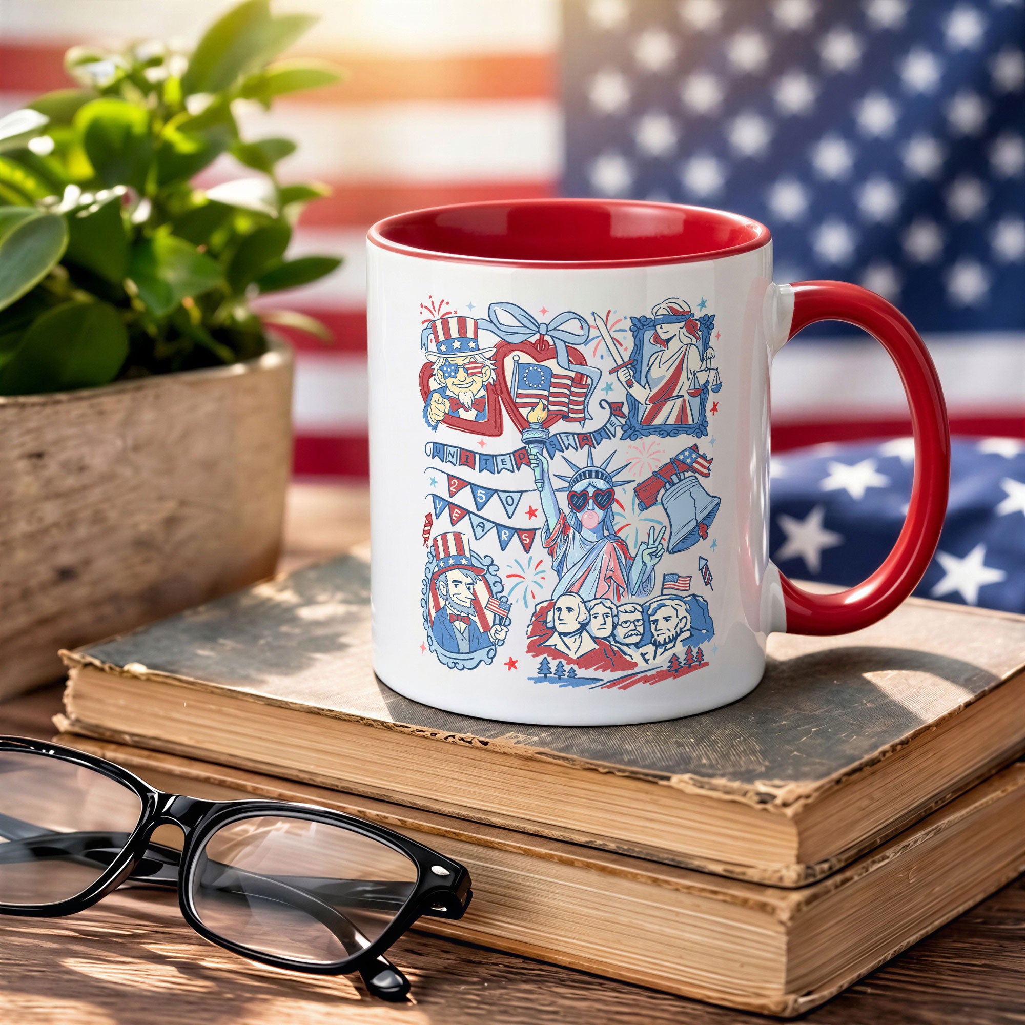 250 Years American Heritage Accent Mug - Retro Patriotic Stamps Uncle Sam Cup