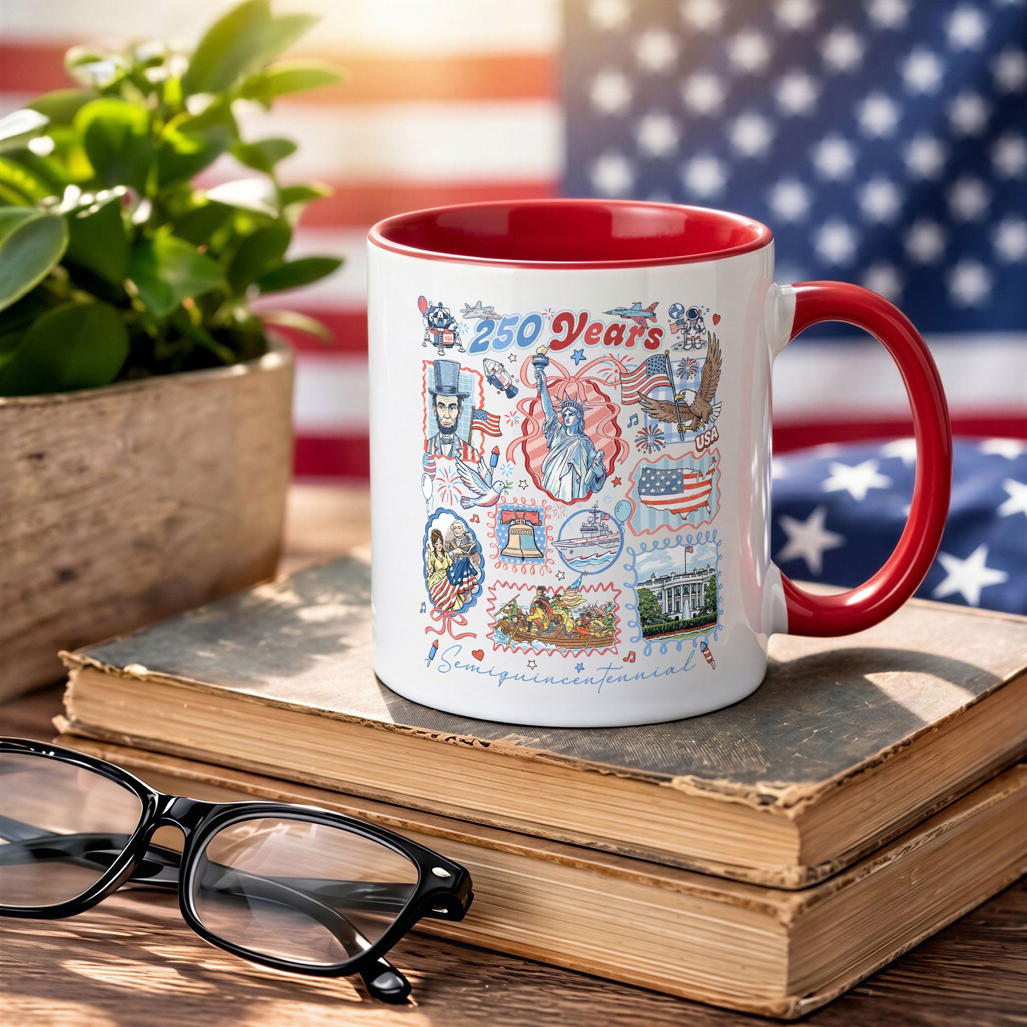 250 Years US Freedom Edition Accent Mug - Retro American History Icons Gift Cup