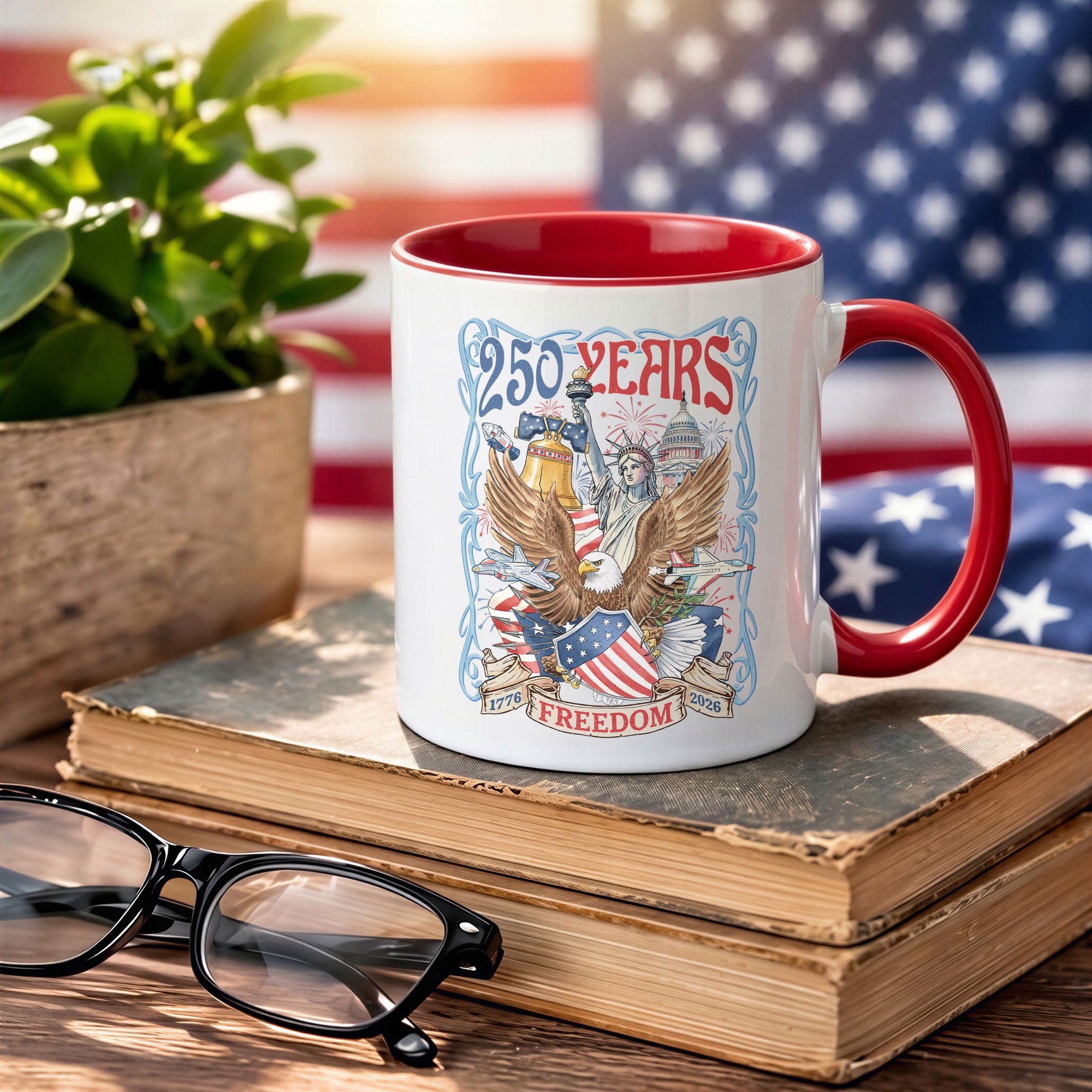 250 Years Freedom Edition Accent Mug - Retro Eagle Liberty Bell 1776 2026 Gift Cup