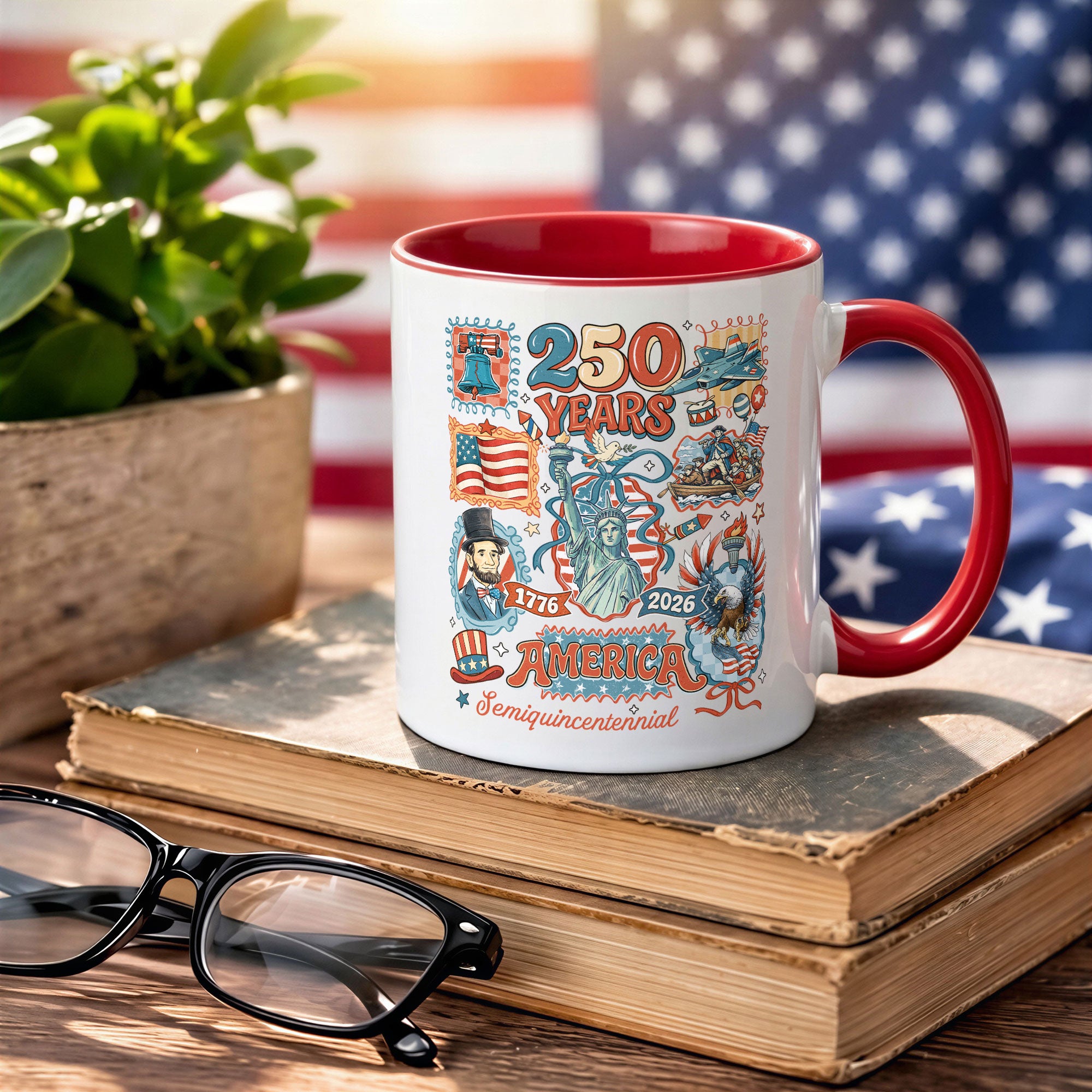 250 Years American Legacy Accent Mug - Vintage Doodle Stamps Historical Patriotic Gift Cup