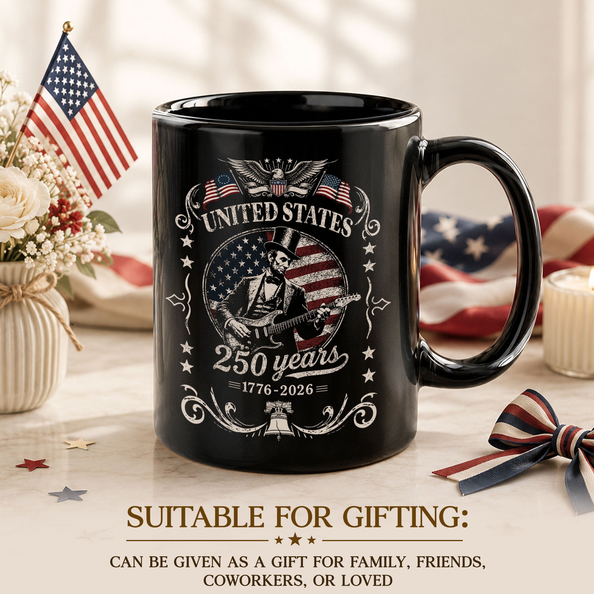 Abraham Lincoln Guitar Mug - 250 Years 1776-2026 Patriotic US Anniversary Cool Music Gift - Rust Field Wear