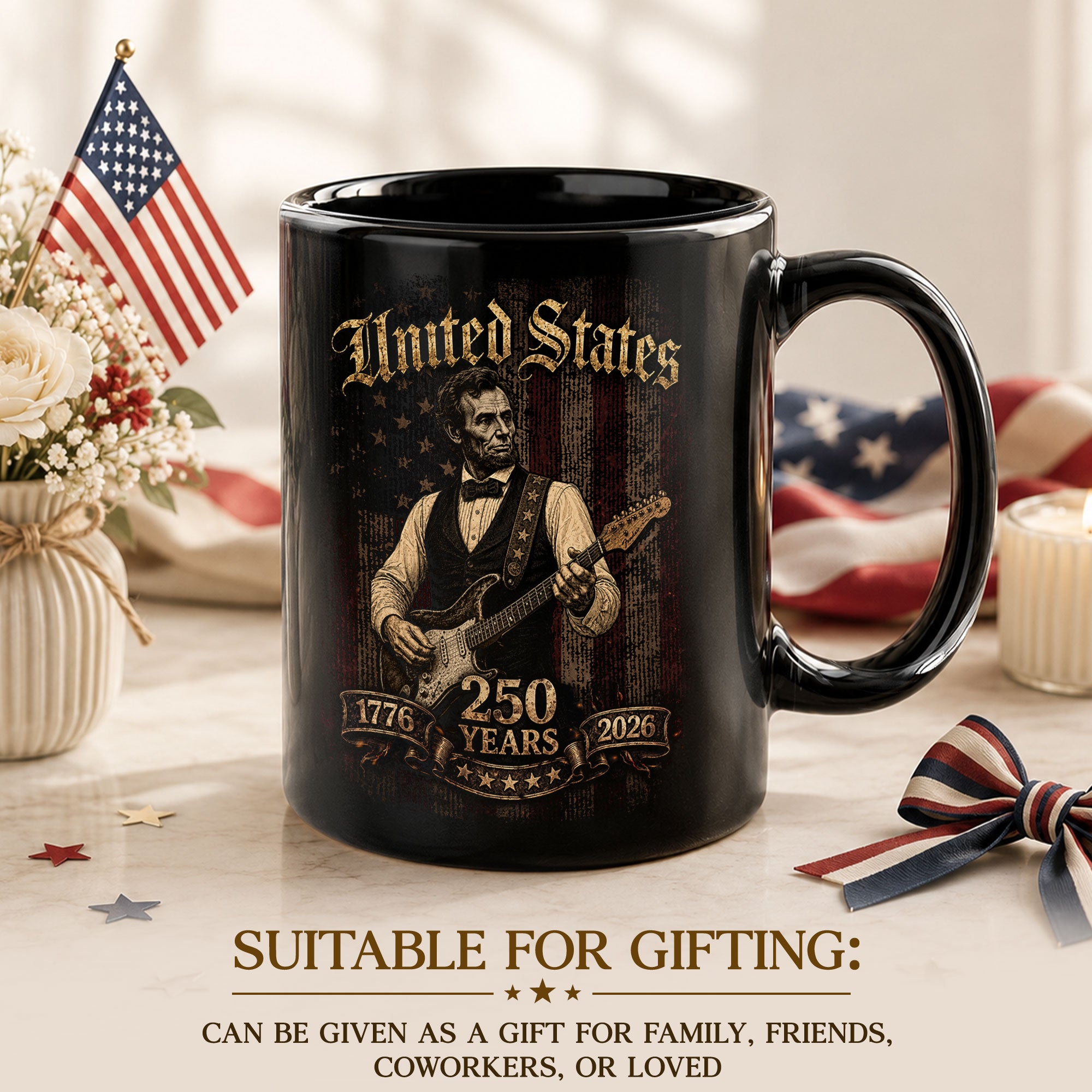 Abraham Lincoln Guitar Mug - Vintage 250 Years 1776-2026 Patriotic US Rock Music Gift - Rust Field Wear