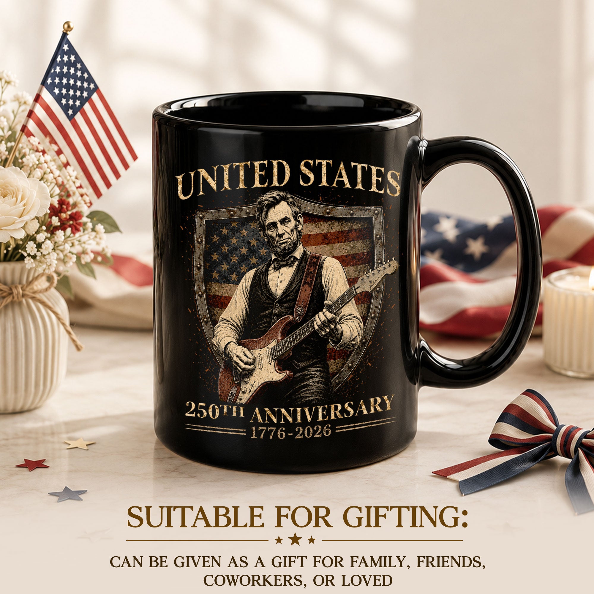 United States 250th Anniversary Mug Abraham Lincoln Guitar Shield 1776 2026 - Rust Field Wear
