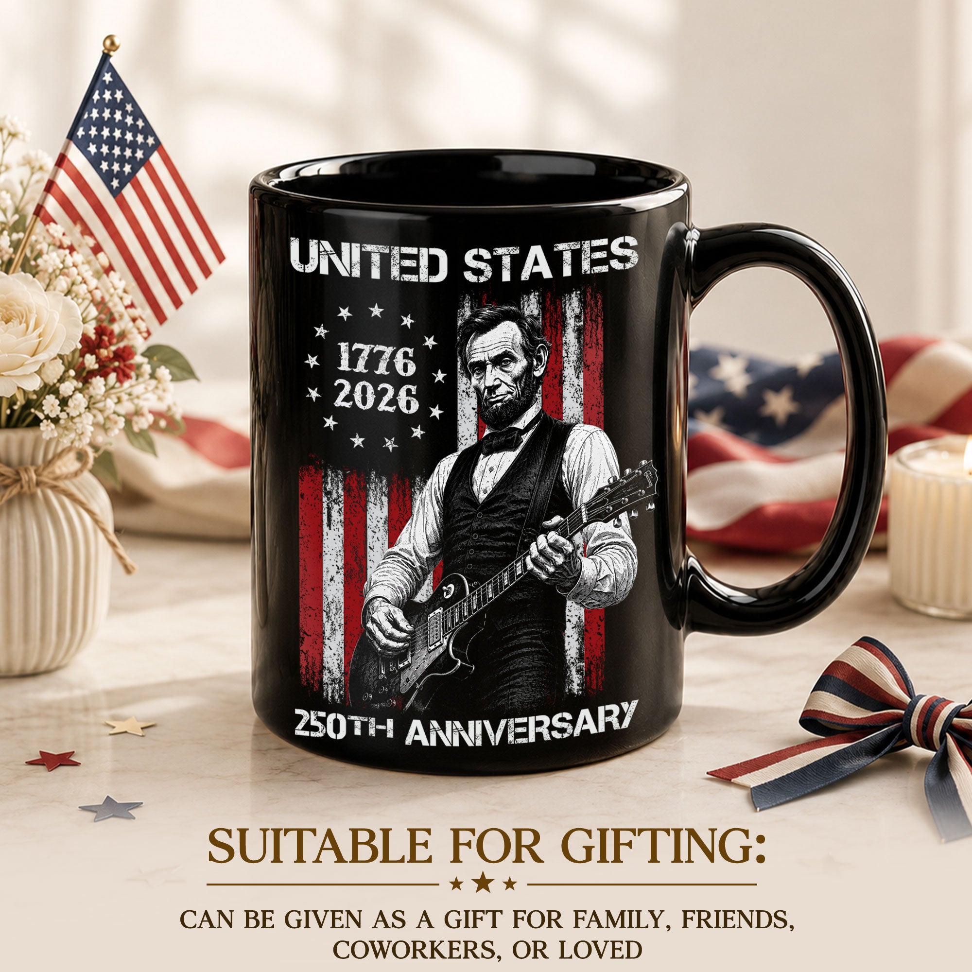 United States 250th Anniversary Mug Abraham Lincoln Guitar US Flag 1776 2026 - Rust Field Wear