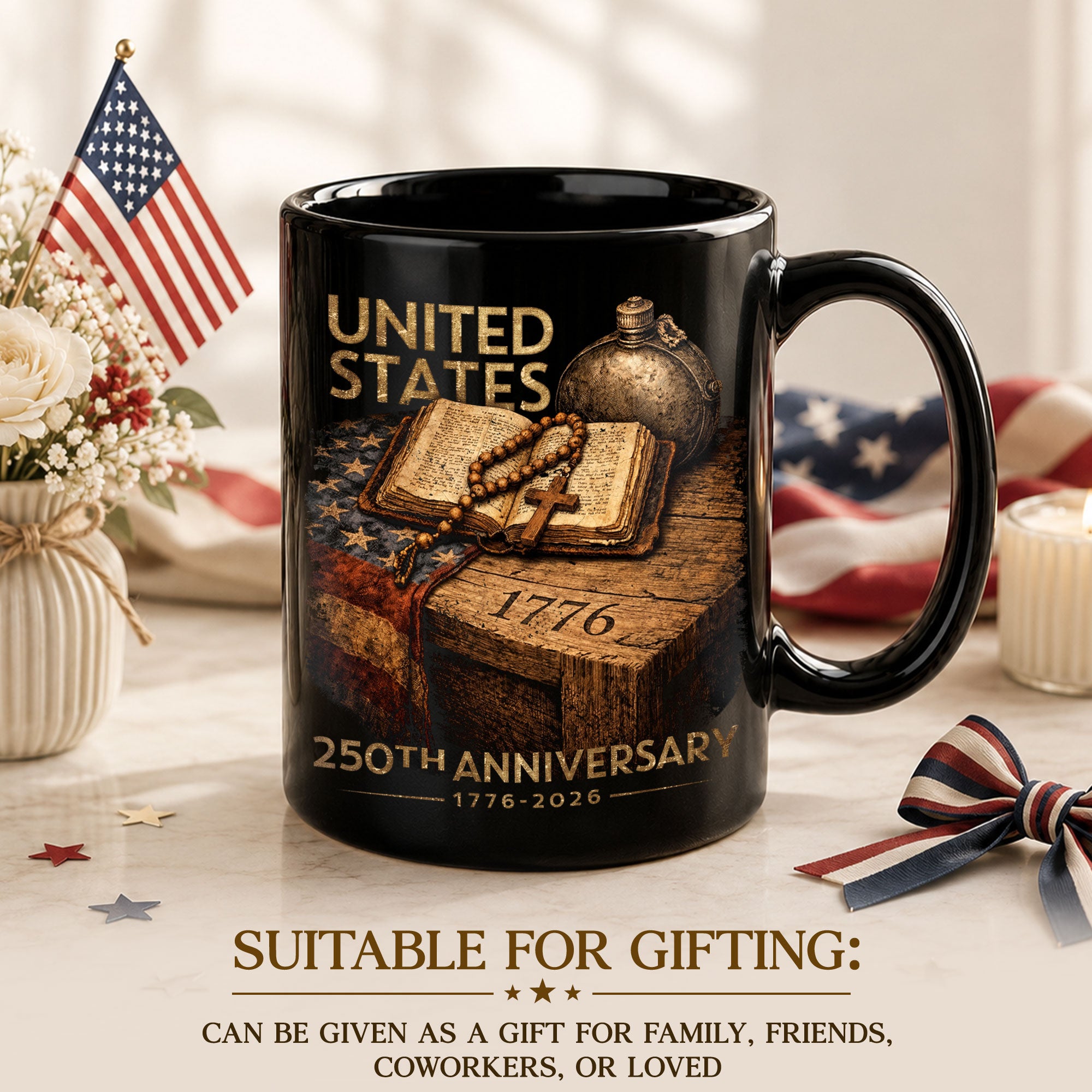1776 2026 Mug 250th Anniversary United States Patriotic Bible Cross Ceramic - Rust Field Wear
