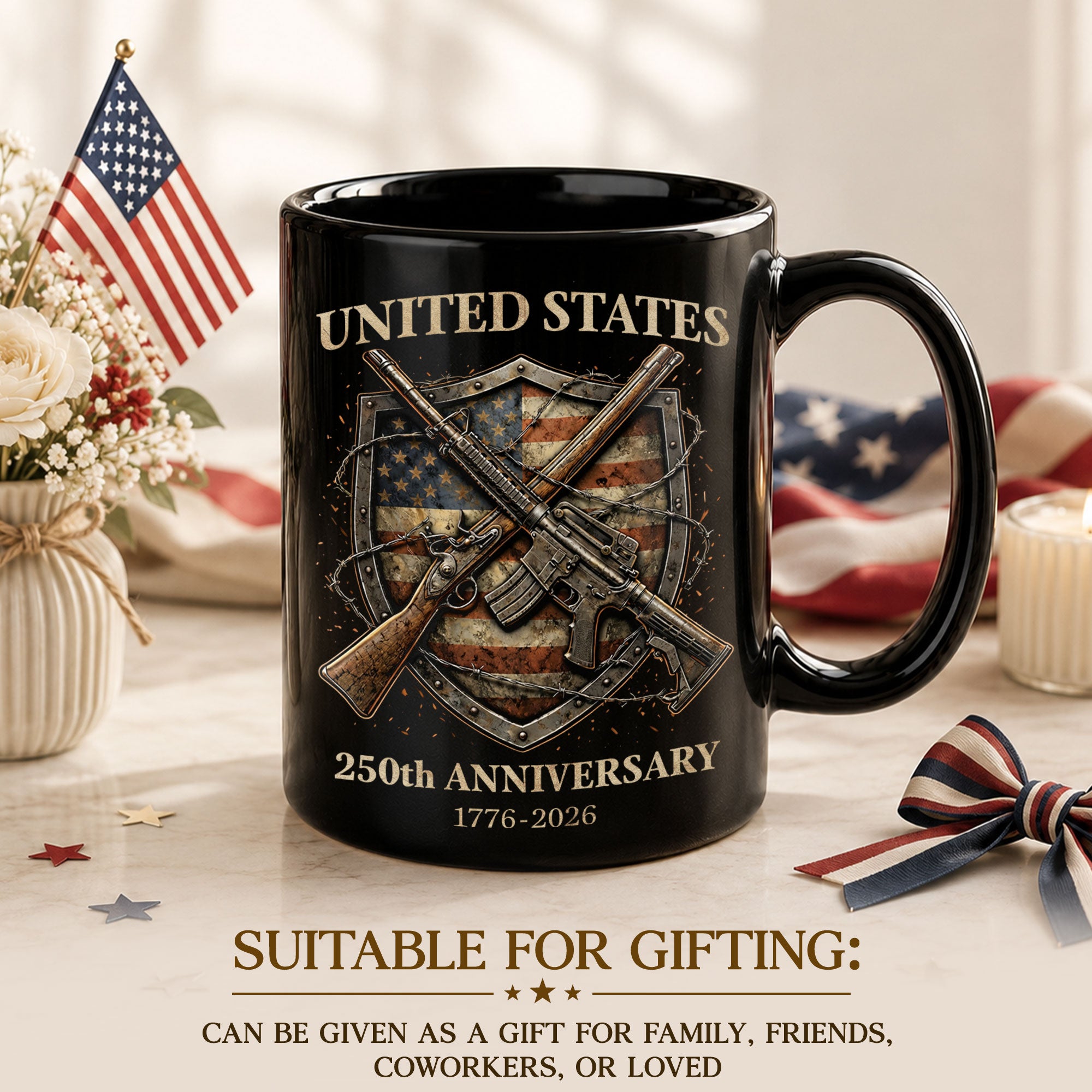1776 2026 Mug 250th Anniversary United States Patriotic Rifle Shield Ceramic upsale